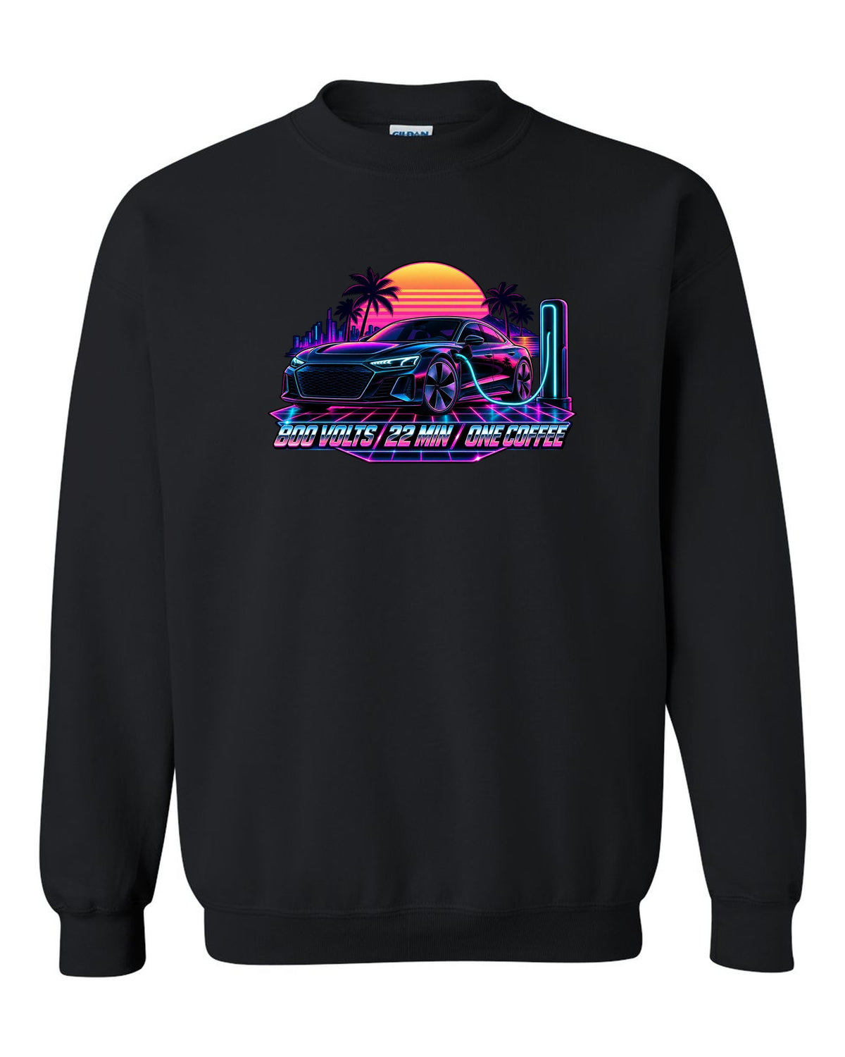 Synthwave print of an Audi e-tron GT at dusk with charging time text black crewneck front view with the design