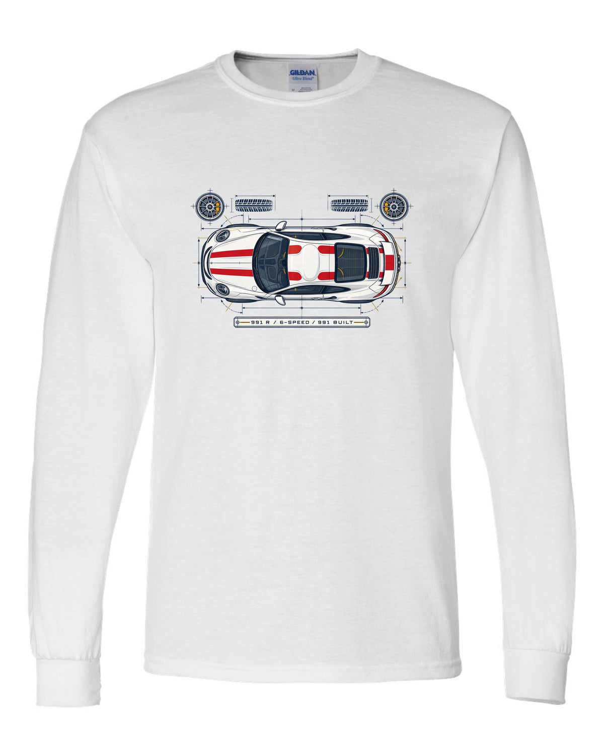 Porsche 993 Carrera five-dial gauge cluster HUD design with no screens text white long sleeve front view with the design