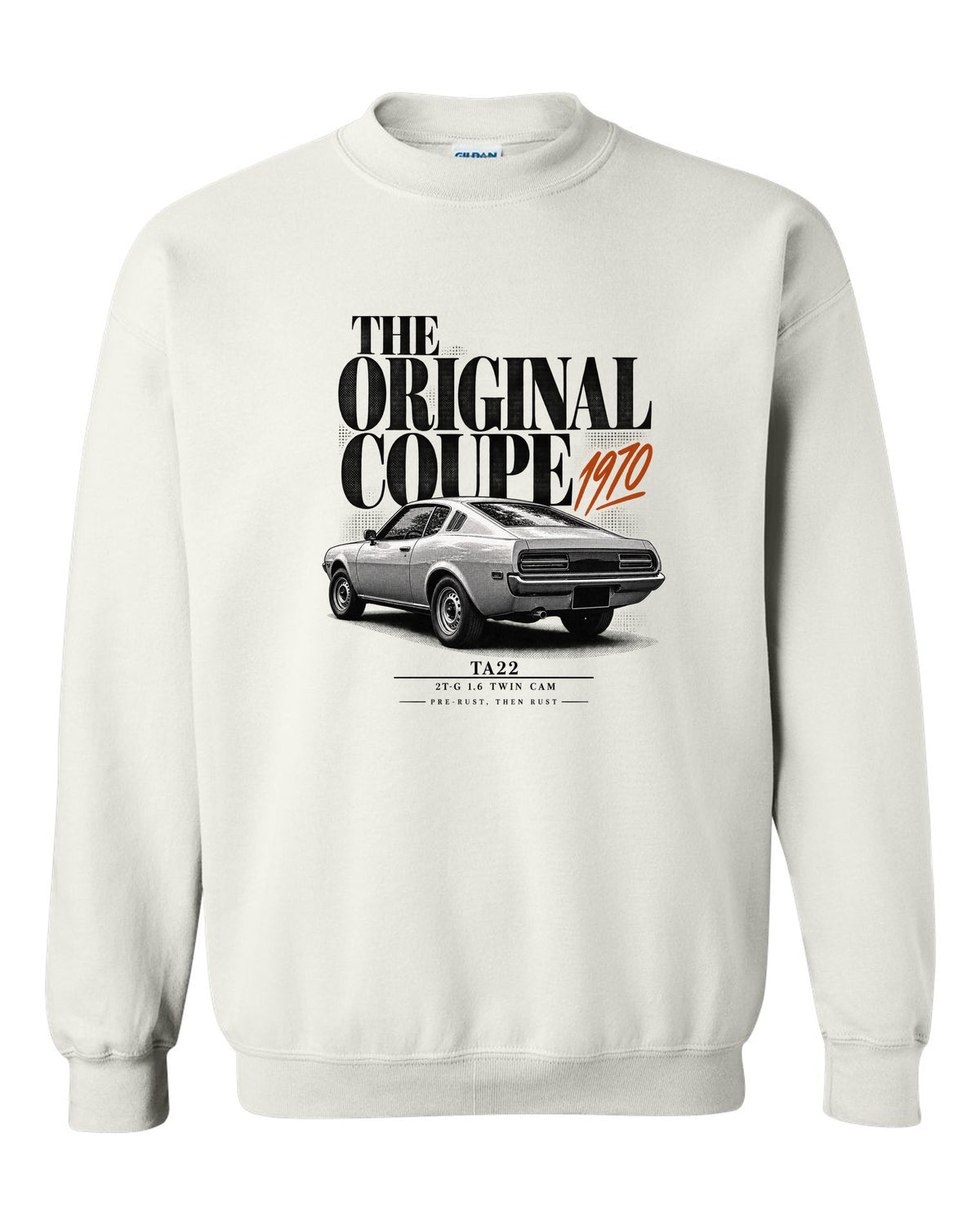 Editorial headline print of a Toyota Celica TA22 coupe with 2T-G 1.6 twin cam text white crewneck front view with the design