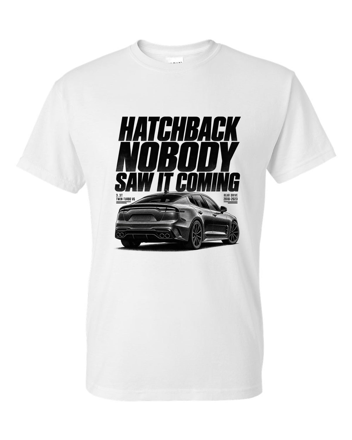 Halftone print of a Kia Stinger GT CK rear three-quarter low angle with chback text white t-shirt front view with the design