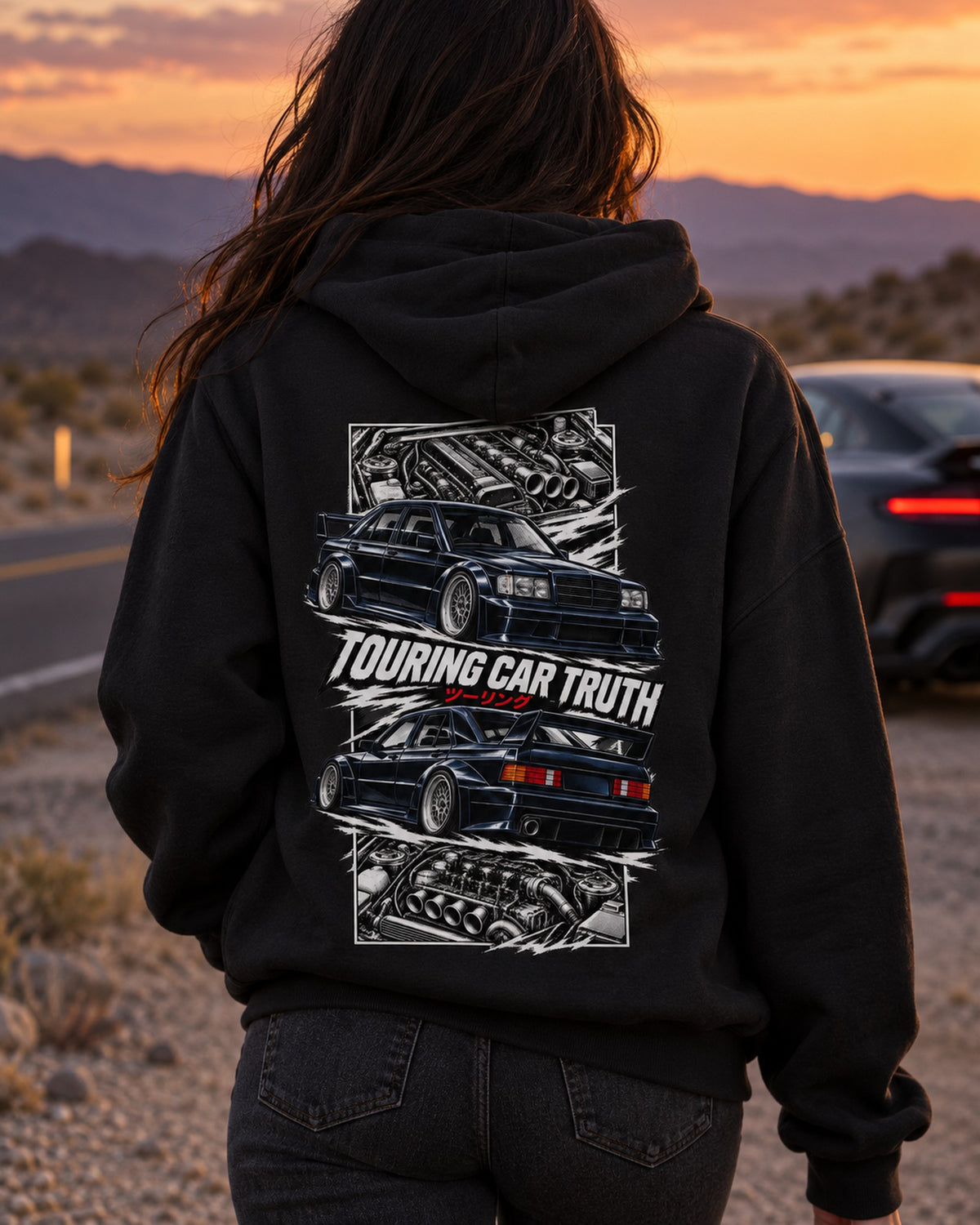 Mercedes 190E Evo Ii Torn Poster Full-Back Graphic Tee Pull Over Hoodie Black worn hero