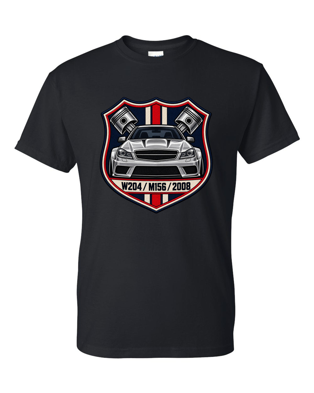 Embroidery-style varsity crest for Mercedes C63 AMG W204 with M156 and 2008 black t-shirt front view with the design