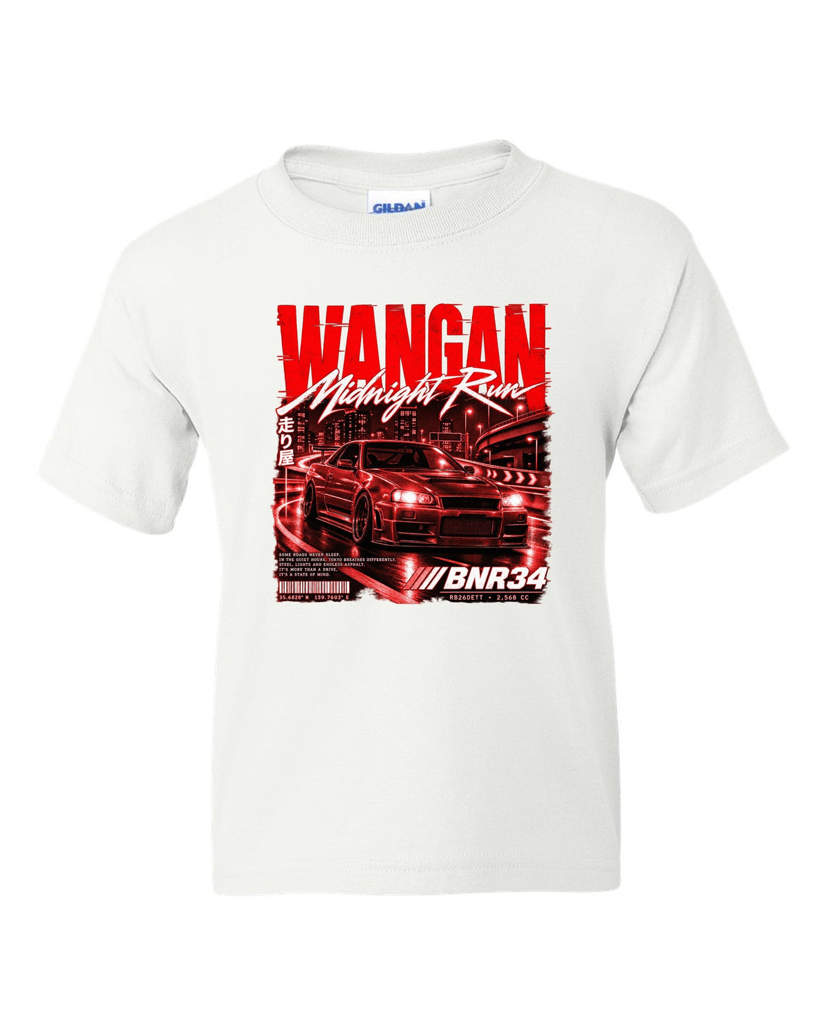 Street poster print of a Nissan Skyline GT-R R34 BNR34 with Wangan Midnight Run text white kids tee front view with the design