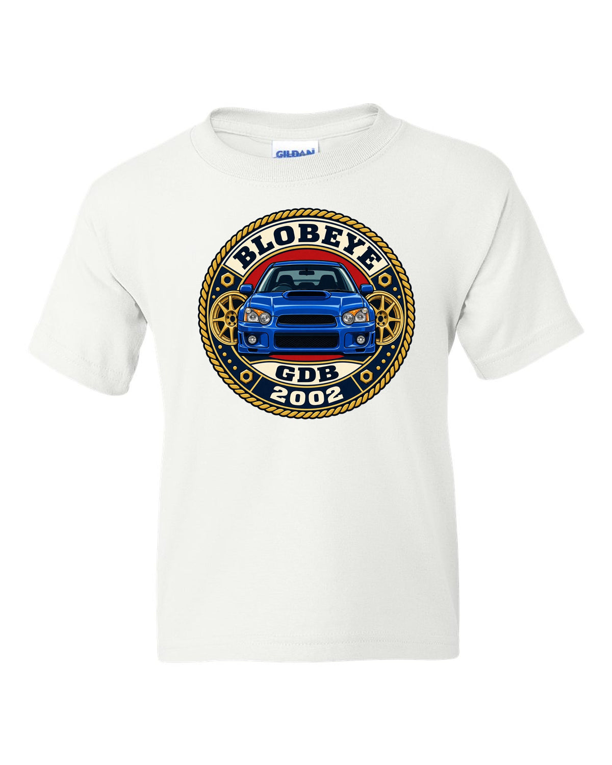 Subaru Impreza WRX GDB Blobeye round varsity crest print, BLOBEYE / GDB / 2002 white kids tee front view with the design