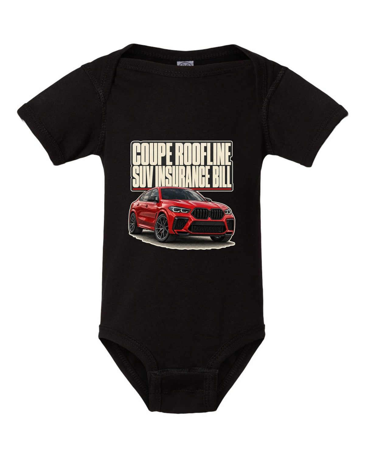 BMW X6 M Competition F96 editorial headline print on a tee black baby onesie front view with the design