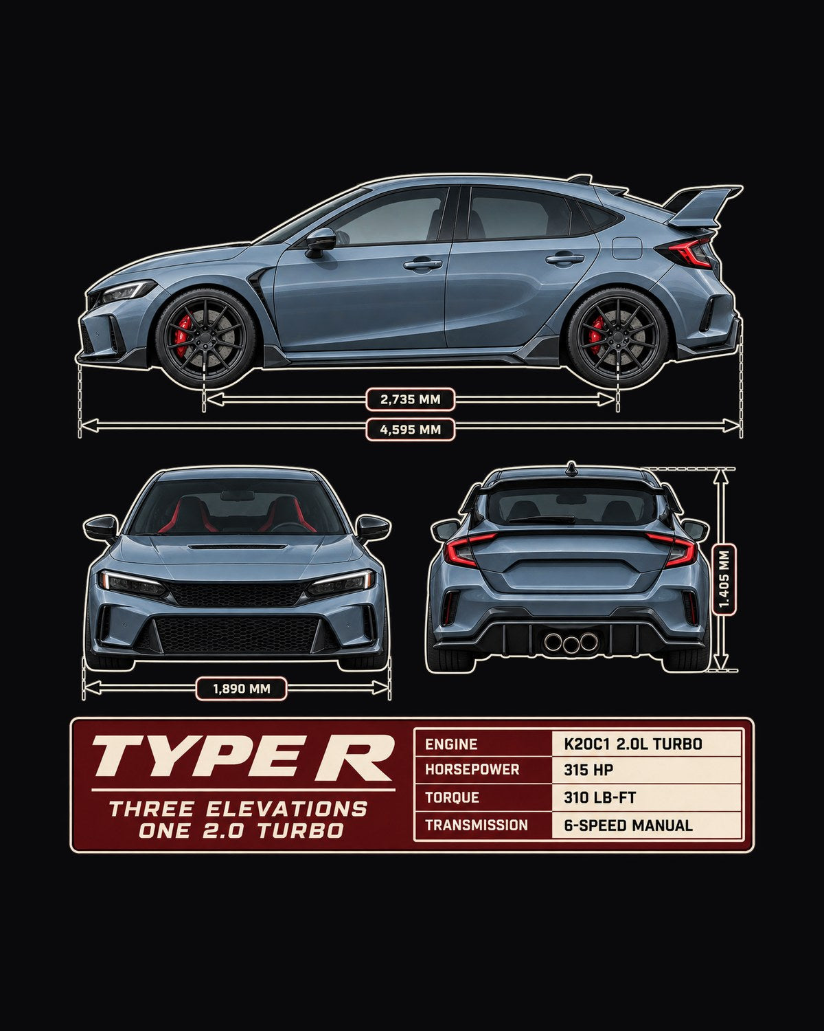 Civic Type R FL5 Three-View Spec Sheet Tee for Car Guys design only