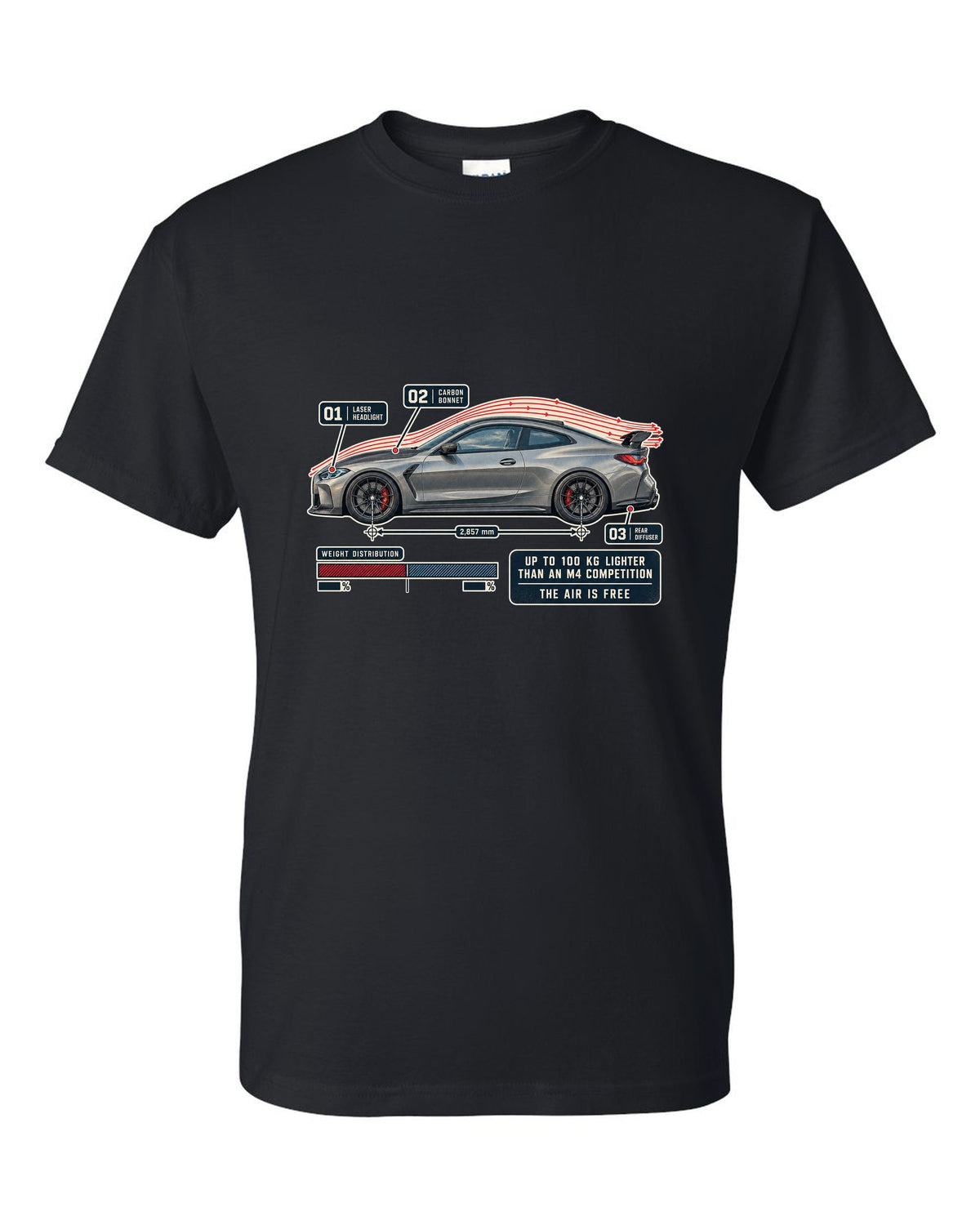 BMW M4 CSL G82 aero flow cutaway print black t-shirt front view with the design