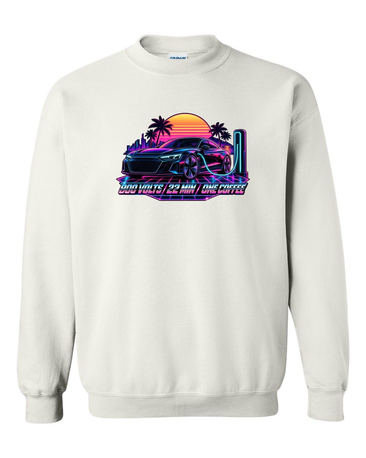 Synthwave print of an Audi e-tron GT at dusk with charging time text white crewneck front view with the design