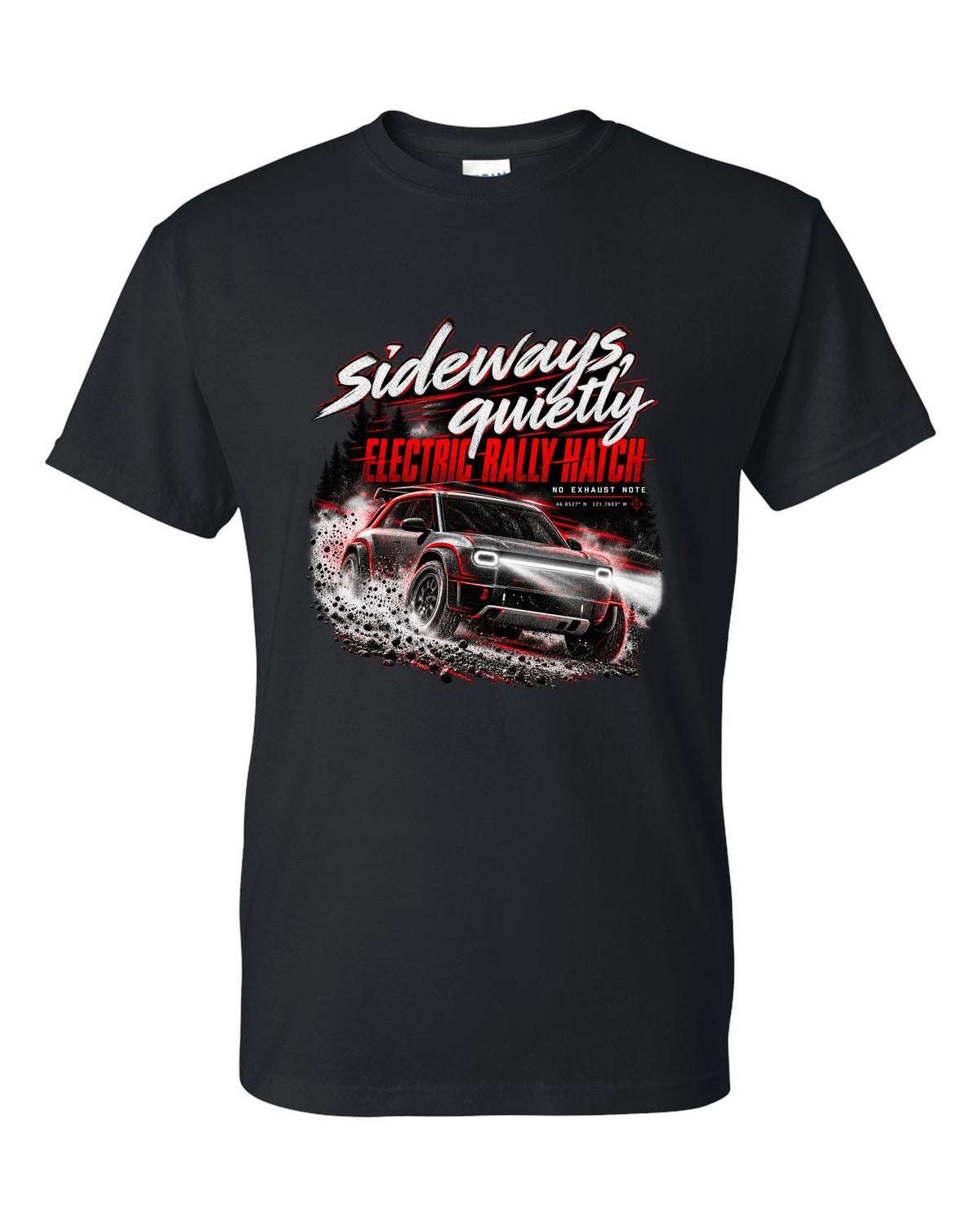 Rivian R3X 2027 sliding on a night touge with the text sideways quietly, electric rally ch black t-shirt front view with the design