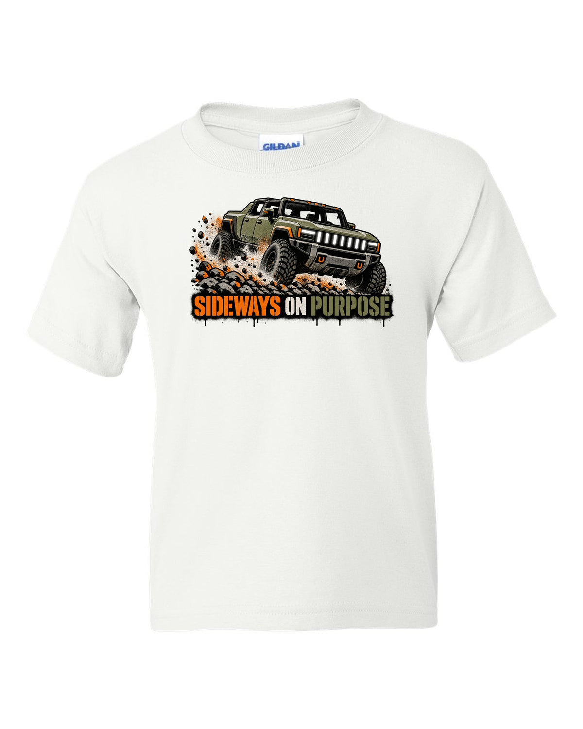 GMC Hummer EV spray stencil print with the words Sideways On Purpose white kids tee front view with the design
