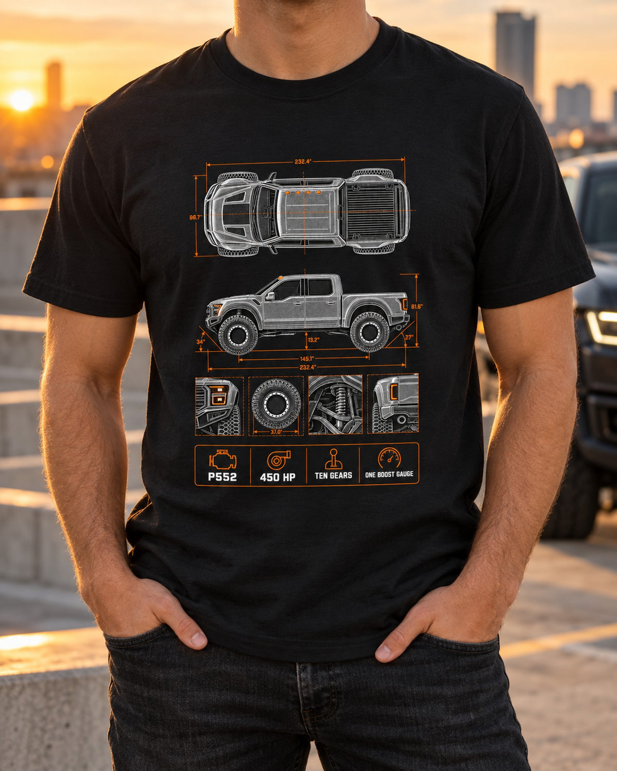 Ford F-150 Raptor Gen 2 P552 Spec Poster Tee, Truck Gift T-Shirt Black worn hero