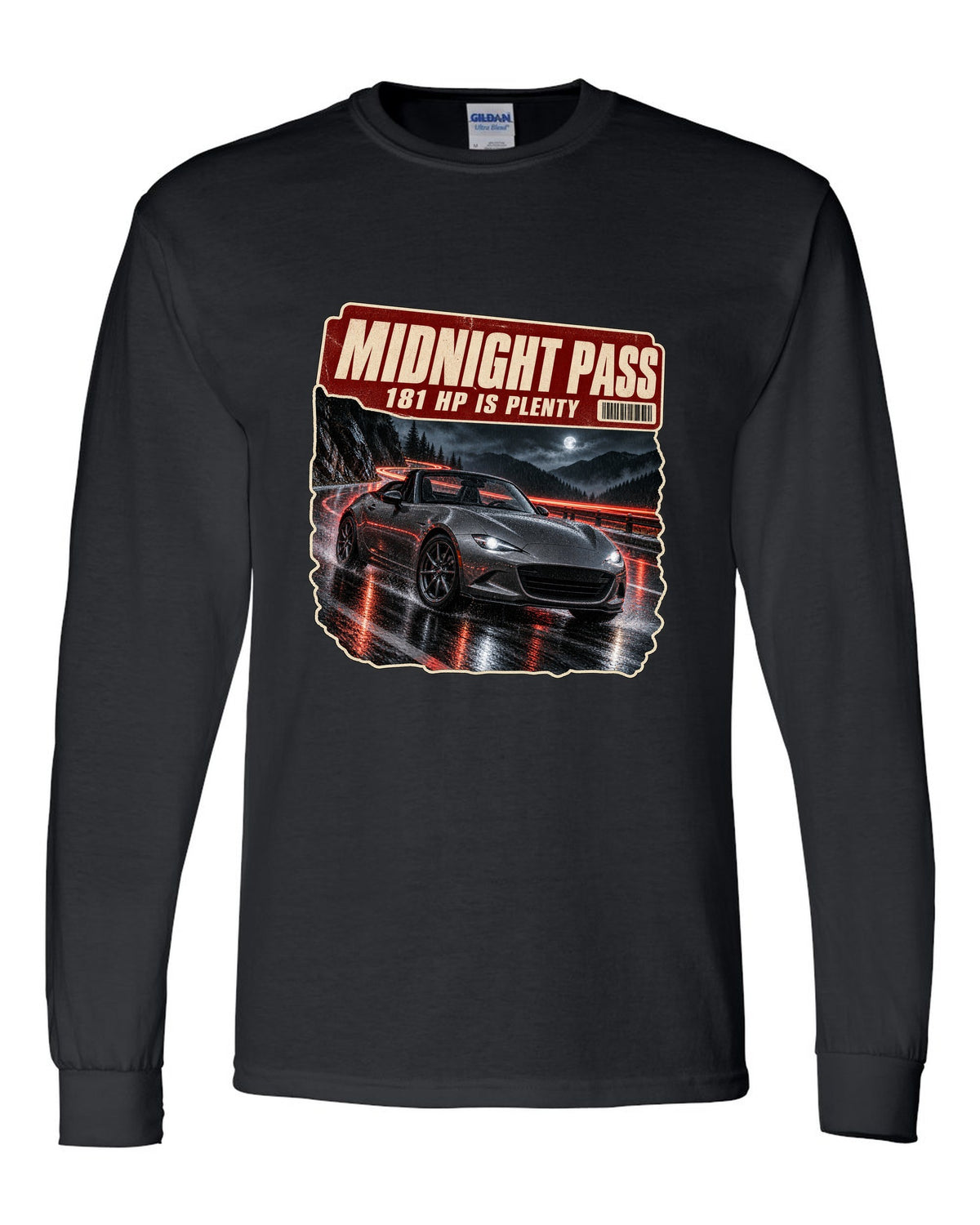 Night mountain pass scene with a 2020 Mazda MX-5 ND RF in Polymetal Grey, poster-style print black long sleeve front view with the design
