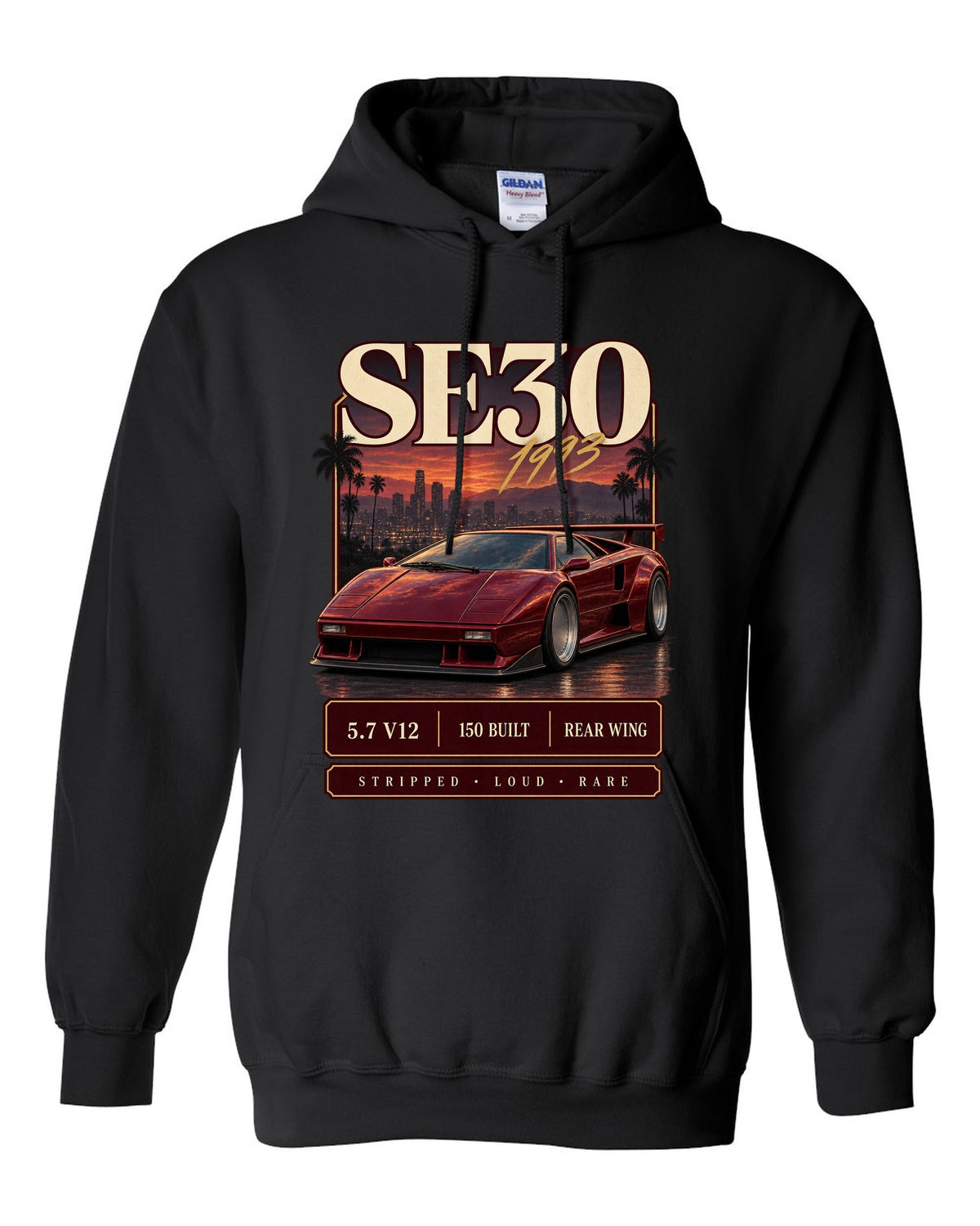 Archive panel print of a Lamborghini Diablo SE30 with 5.7 V12 and 150 built text black pull over hoodie front view with the design