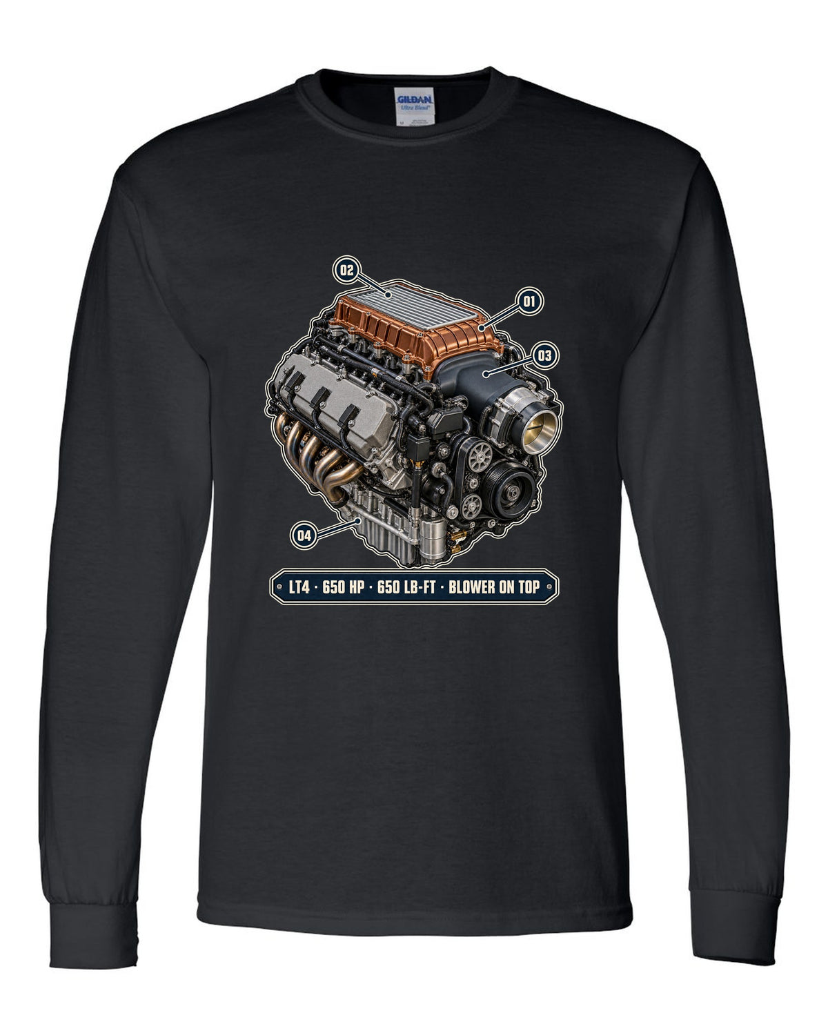Camaro ZL1 LT4 supercharged engine bay poster print black long sleeve front view with the design