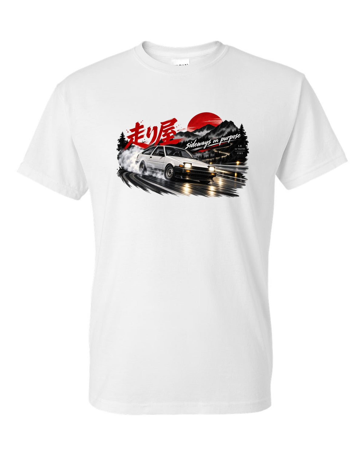 VW Golf Mk2 16V front three-quarter sliding at night with touge kanji white t-shirt front view with the design