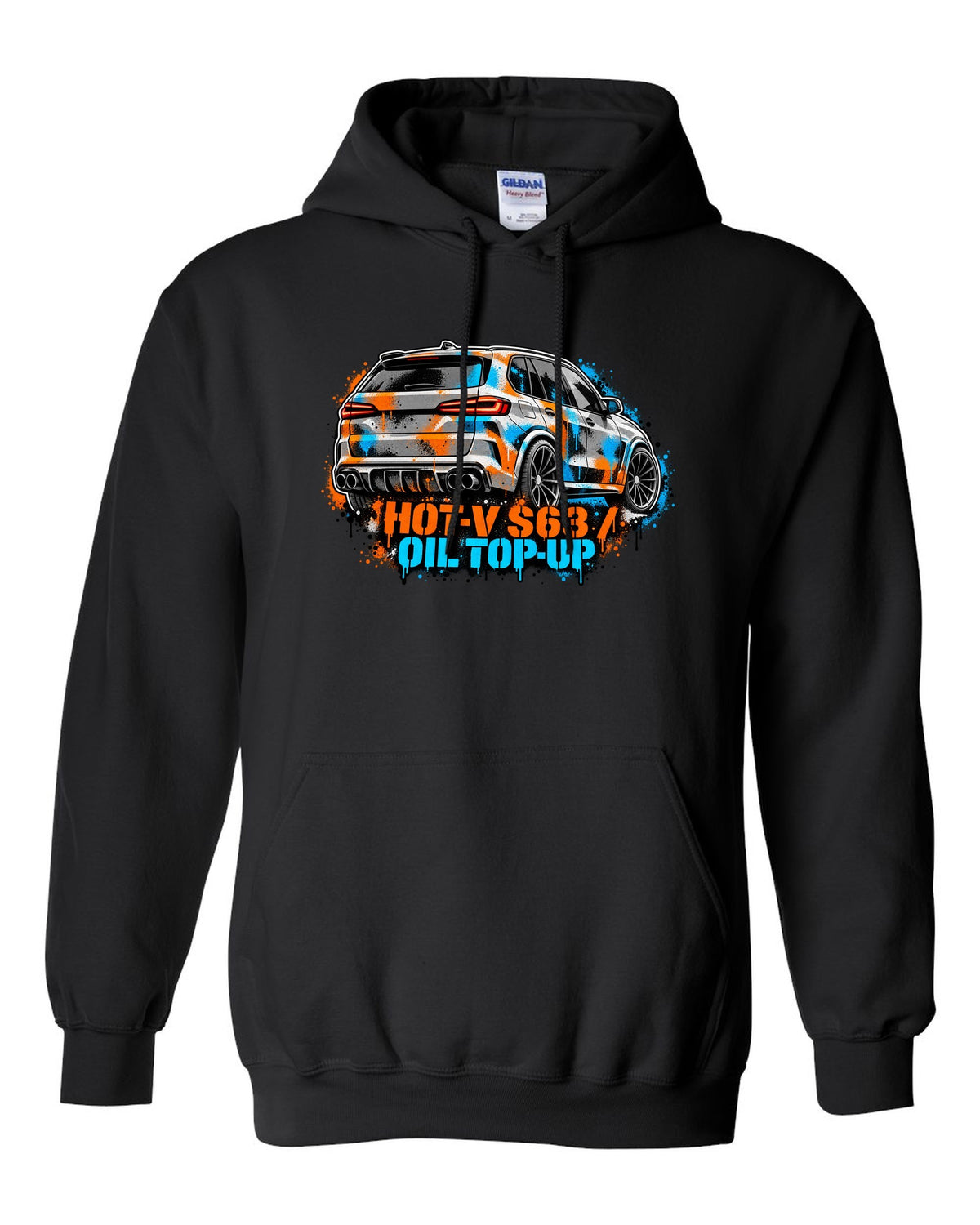 Varsity crest print of a BMW i8 I12 with silent electric range lettering black pull over hoodie front view with the design
