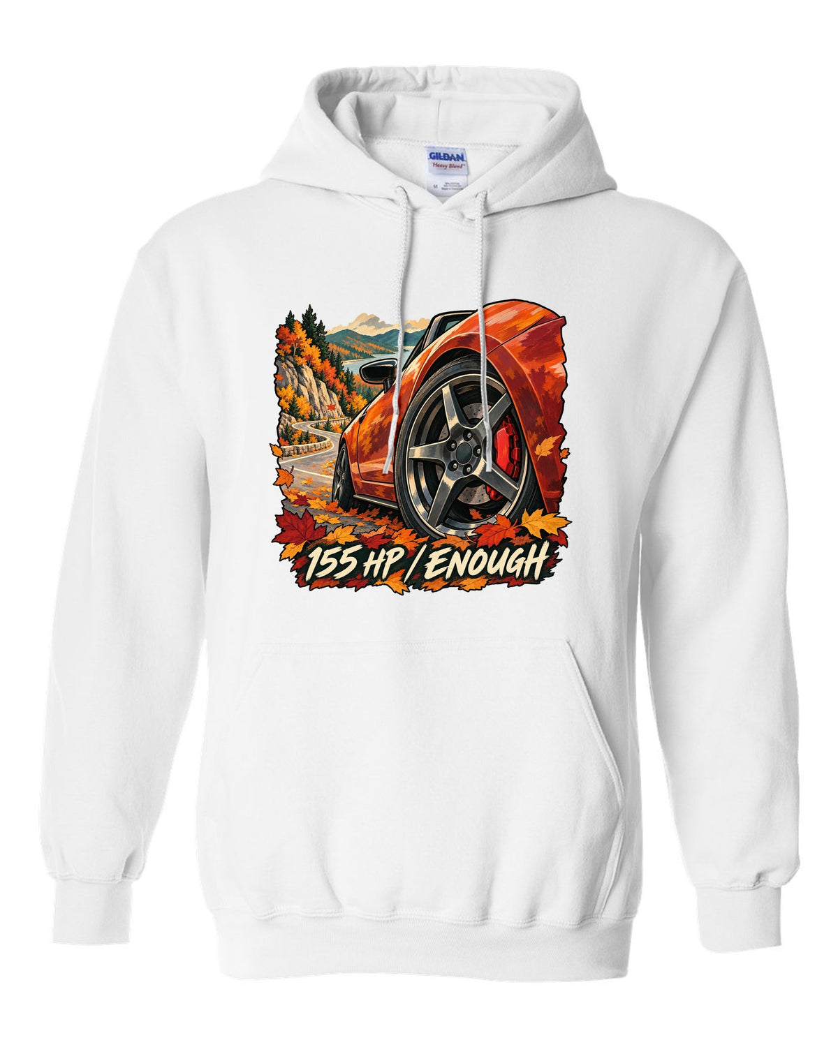 Painterly gouache illustration of a Mazda MX-5 ND on an autumn road with 155 HP / ENOUGH lettering white pull over hoodie front view with the design