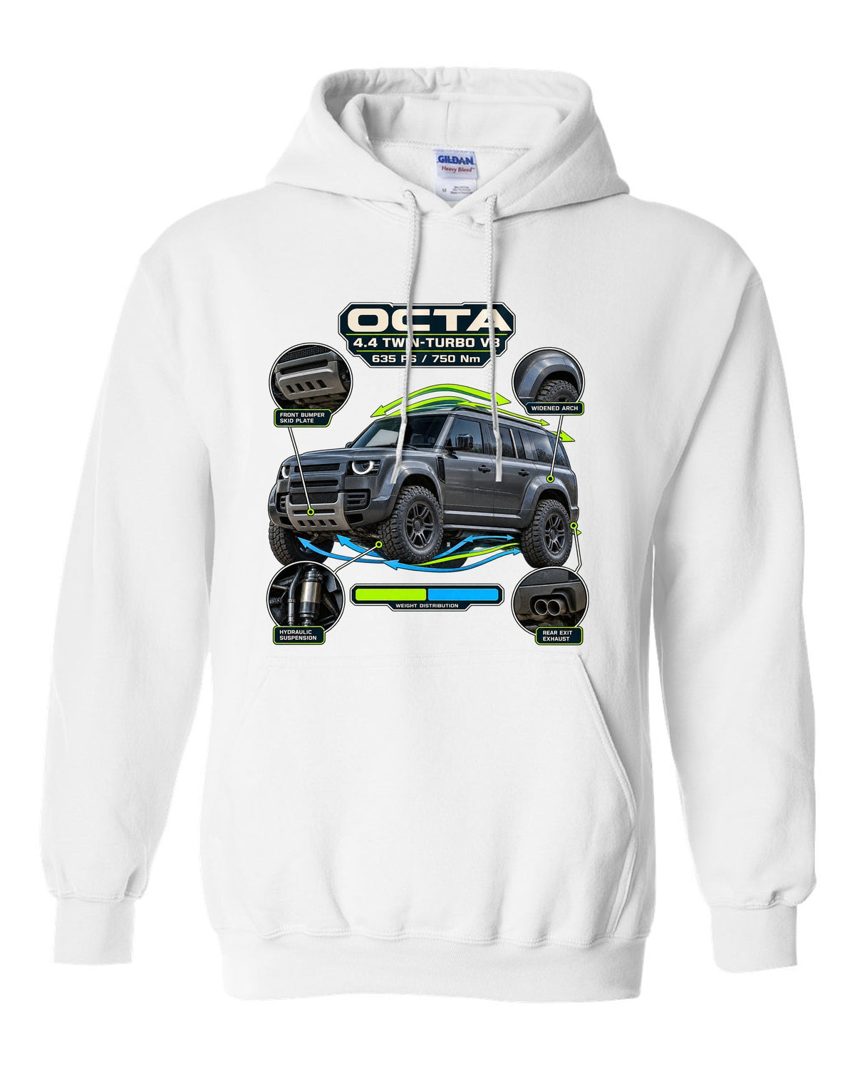 Aero callout print of the Land Rover Defender Octa with V8 power and torque figures white pull over hoodie front view with the design