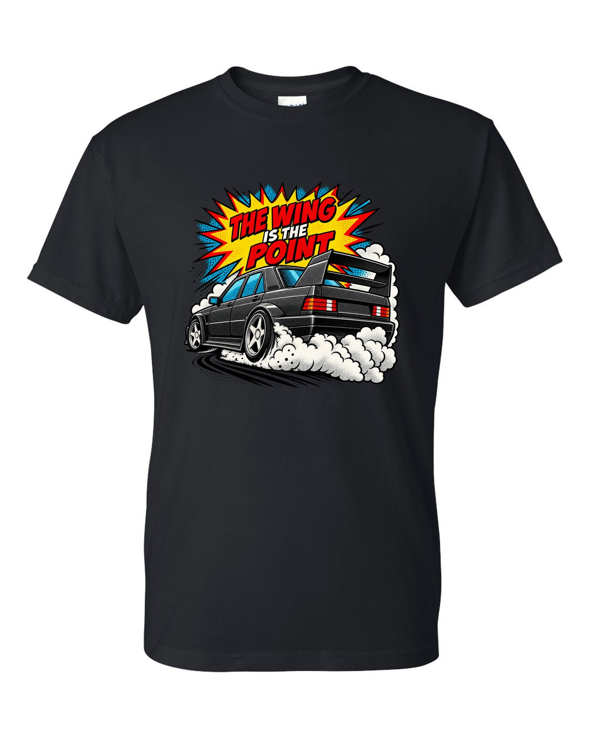 Comic halftone pop-art print of a Mercedes 190E Evo II W201 with rear wing black t-shirt front view with the design
