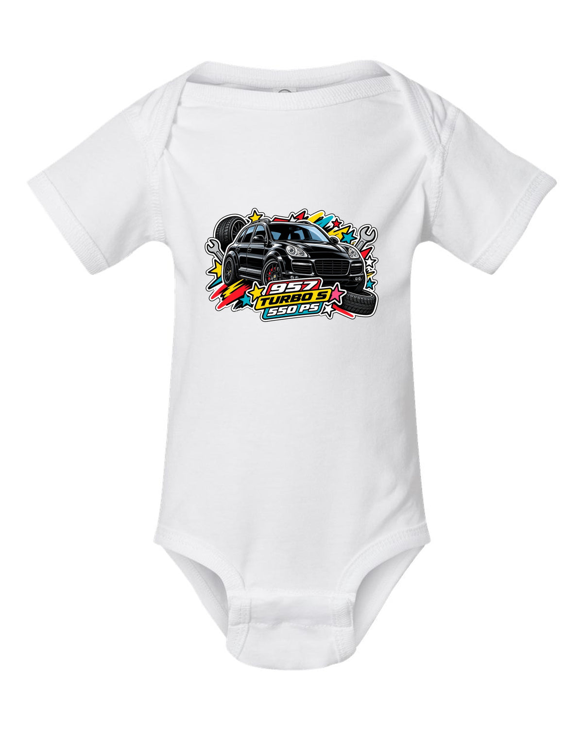 Porsche 991 R patent line art coupe design with 6-speed and 991 built text white baby onesie front view with the design