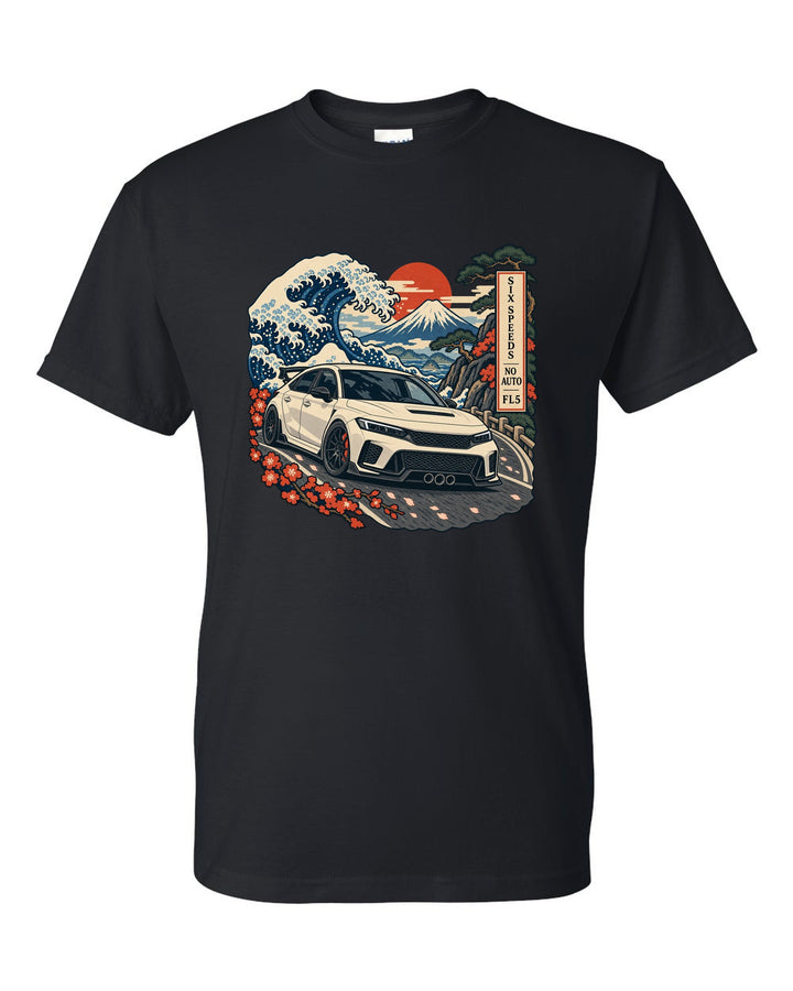 Ukiyo-e woodblock print of a 2023 Honda Civic Type R FL5 on a Fuji pass with six speeds no auto text black t-shirt front view with the design