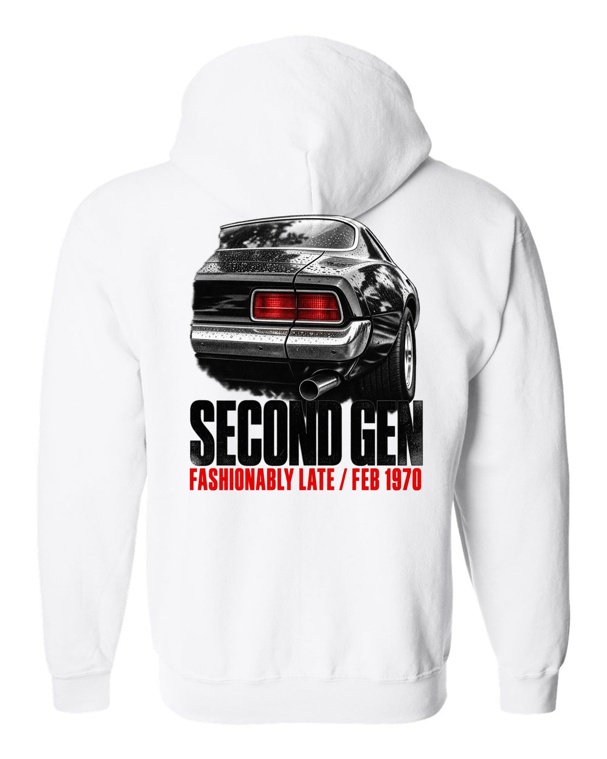 Taillight macro print of a 1970 second-gen Chevrolet Camaro split bumper with Feb 1970 caption white zip hoodie back view with the design
