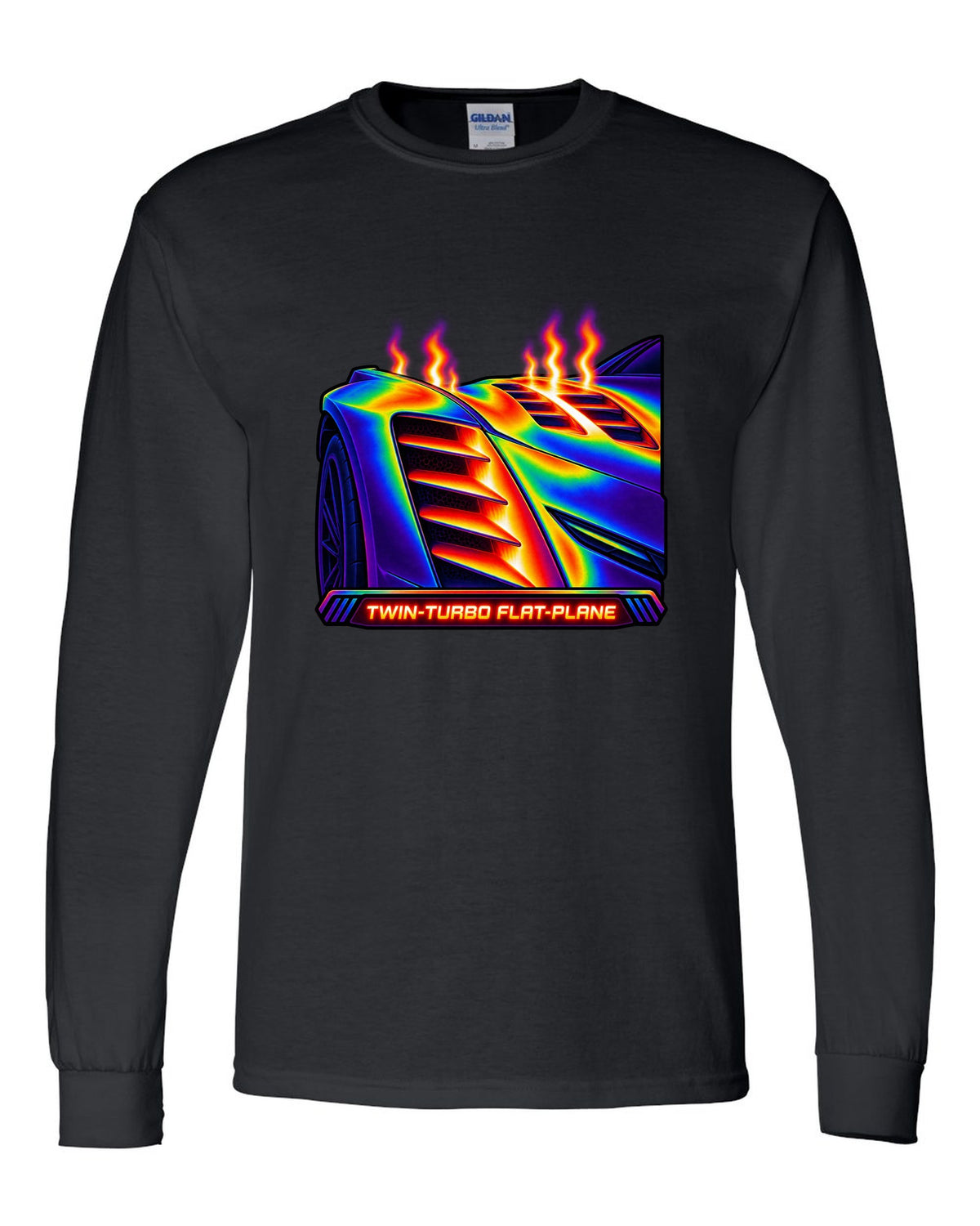 Infrared thermal gradient print of a fender vent on a 2025 Chevrolet Corvette C8 ZR1 with Twin-Turbo Flat-Plane text black long sleeve front view with the design