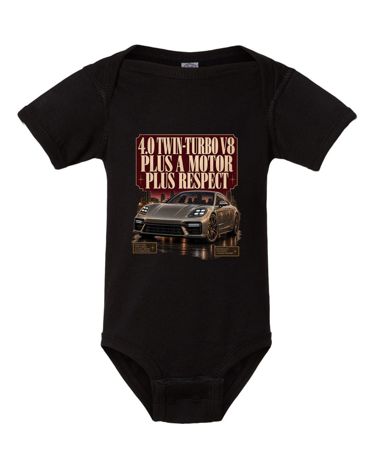 Editorial headline print of a low front three-quarter Porsche Panamera Turbo S E-Hybrid G3 at dusk black baby onesie front view with the design