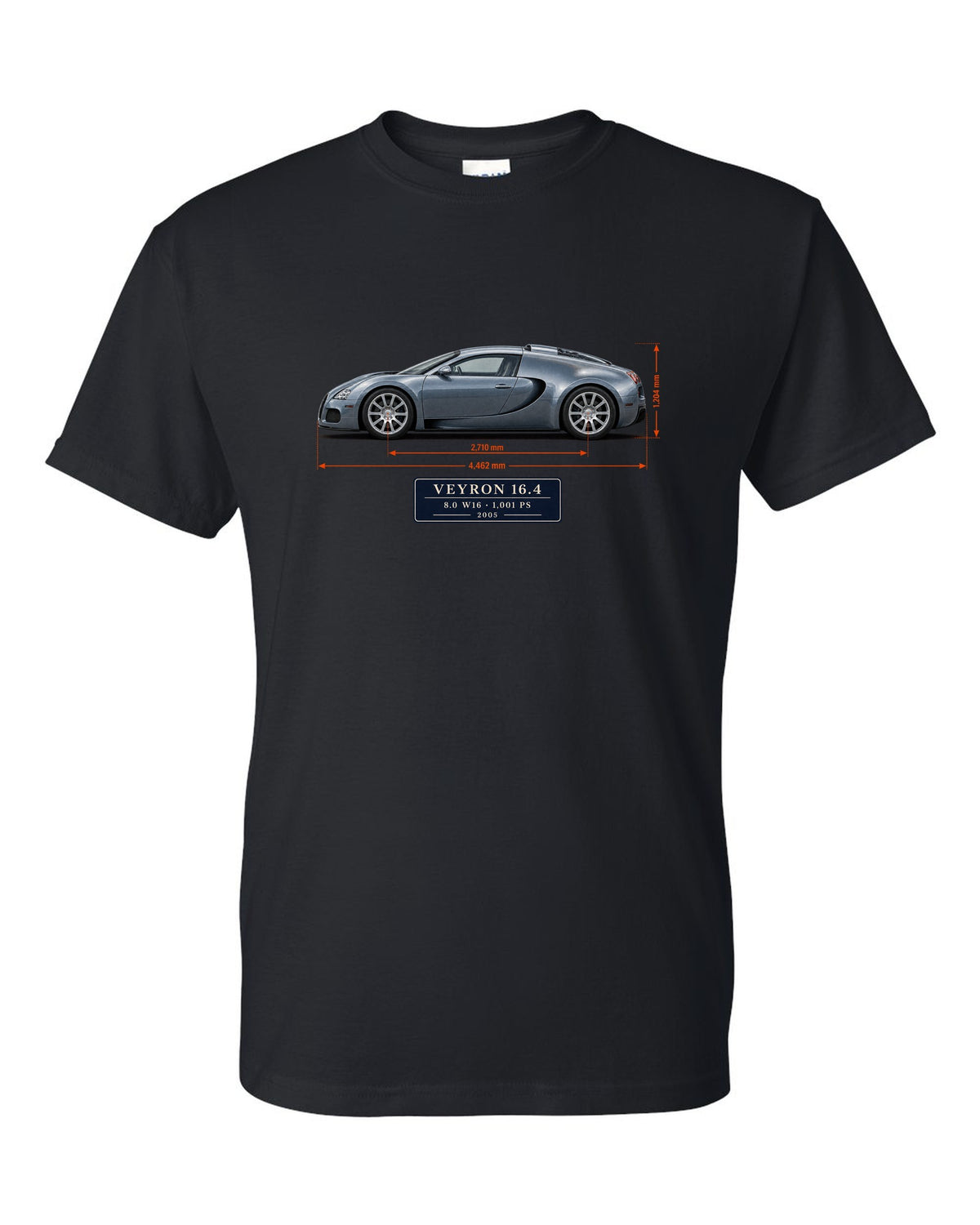 Bugatti Veyron 16.4 dimension blueprint print with size and engine specs black t-shirt front view with the design
