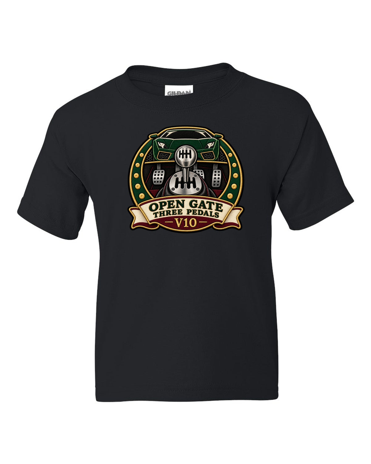Embroidery-style crest of a 2004 Lamborghini Gallardo gated six-speed with open gate text black kids tee front view with the design