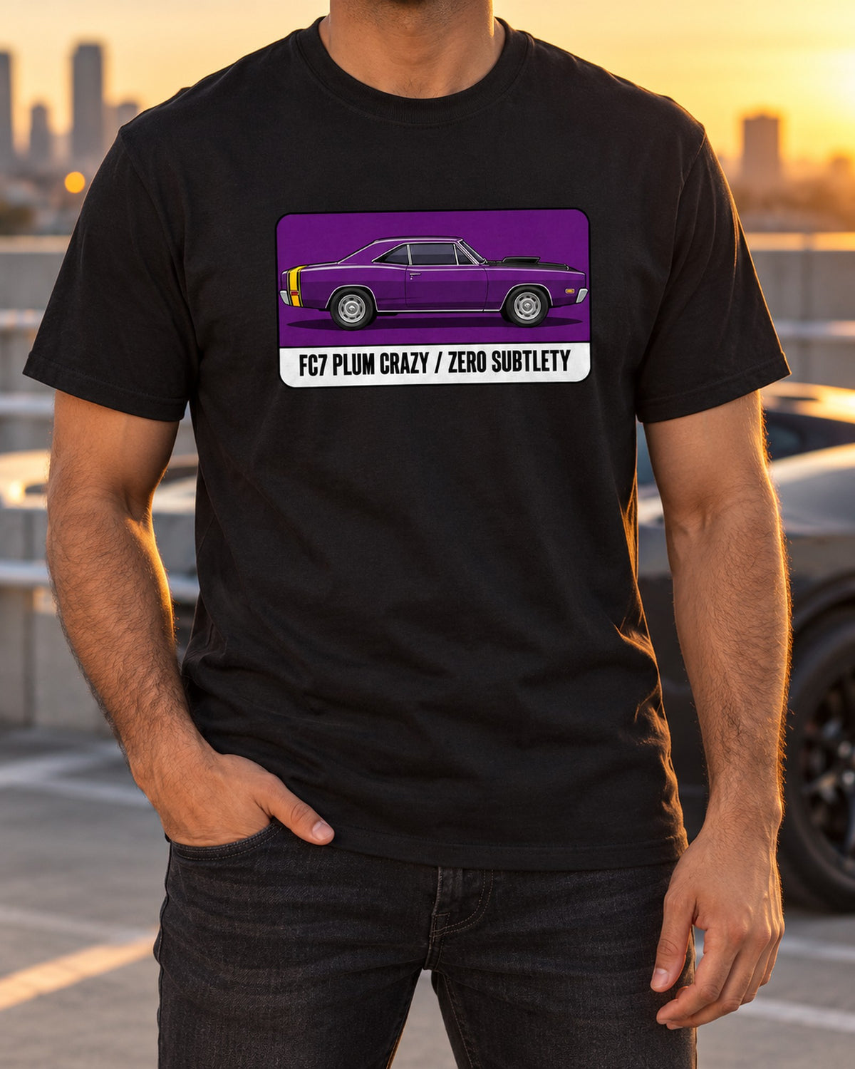 1969 Dodge Coronet Super Bee Plum Crazy Swatch Shirt T-Shirt Black worn hero