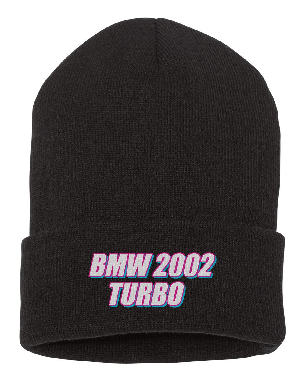Bmw 2002 Turbo black beanie front view with car name