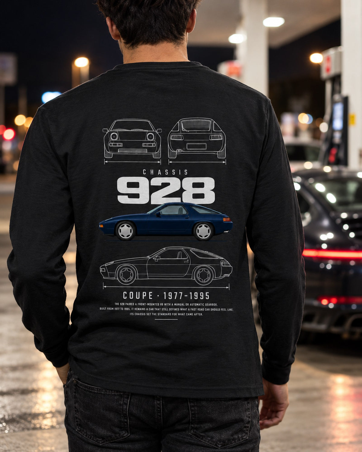 Porsche 928 Blueprint Full-Back Graphic Tee, 928 Chassis Code Long Sleeve Black worn hero