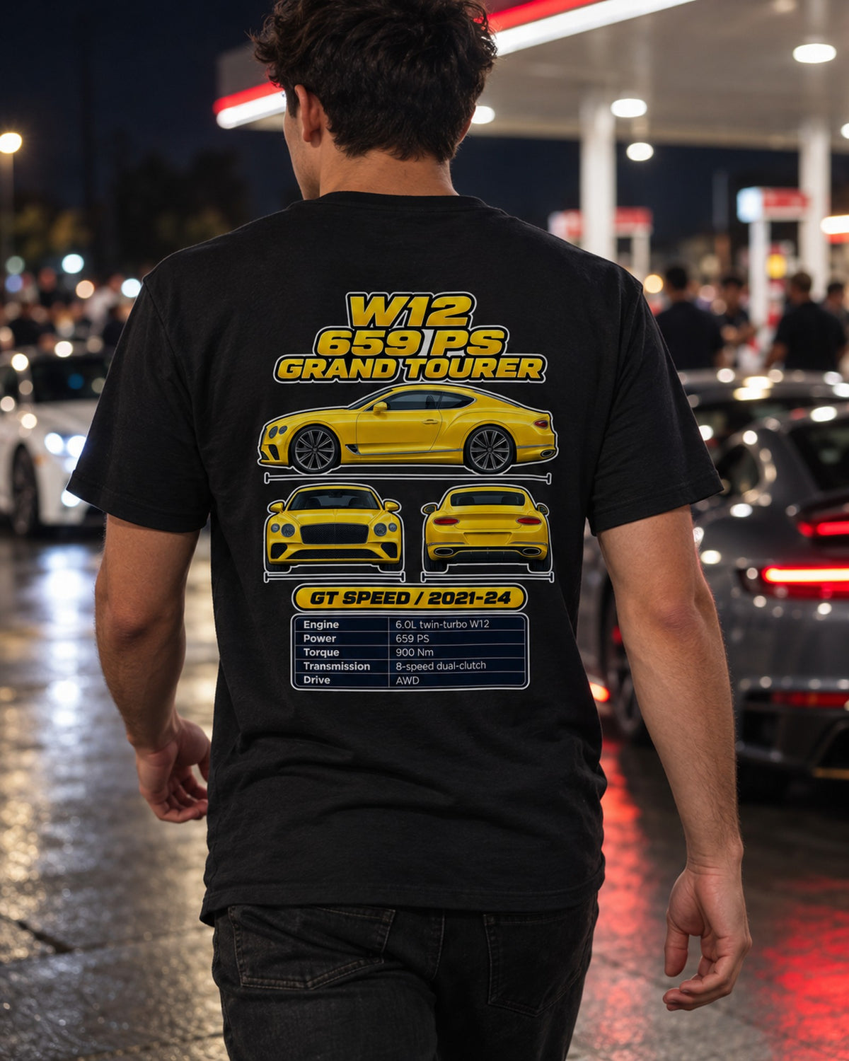 Bentley Continental Gt Speed Spec Sheet Full-Back Graphic Tee T-Shirt Black worn hero