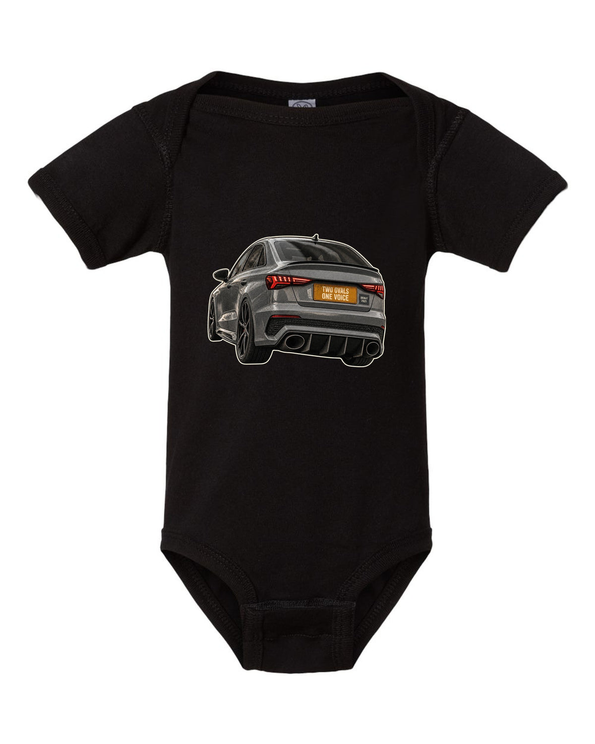 Taillight and exhaust macro of an Audi RS3 8Y sedan black baby onesie front view with the design