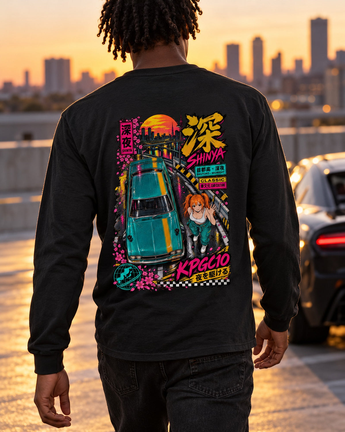 SHINYA KPGC10 Anime Girl Full-Back Graphic Tee Long Sleeve Black worn hero