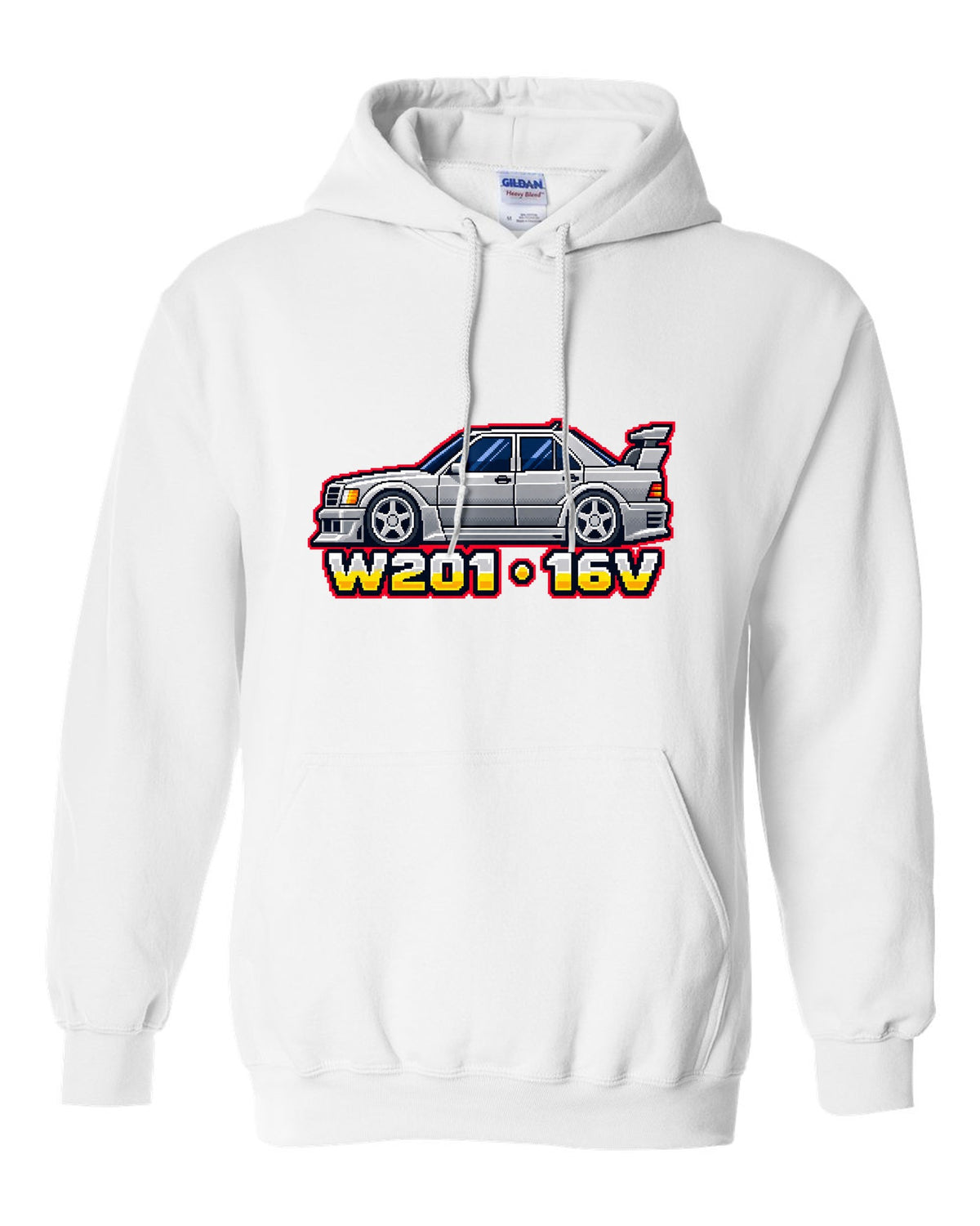 Mercedes 190E Evo II W201 16-Bit Pixel Art Tee, Car white pull over hoodie front view with the design