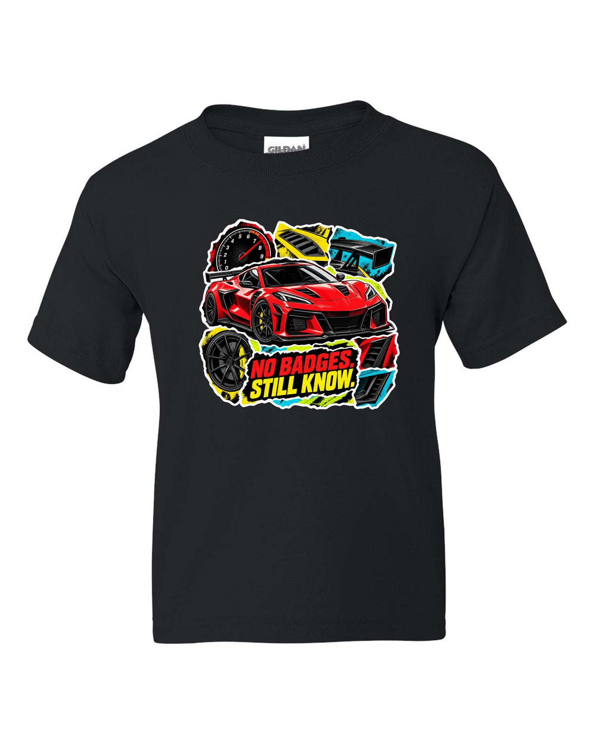 Sticker-bomb collage print of a 2025 Chevrolet Corvette C8 ZR1 with fender vents and rear wing black kids tee front view with the design