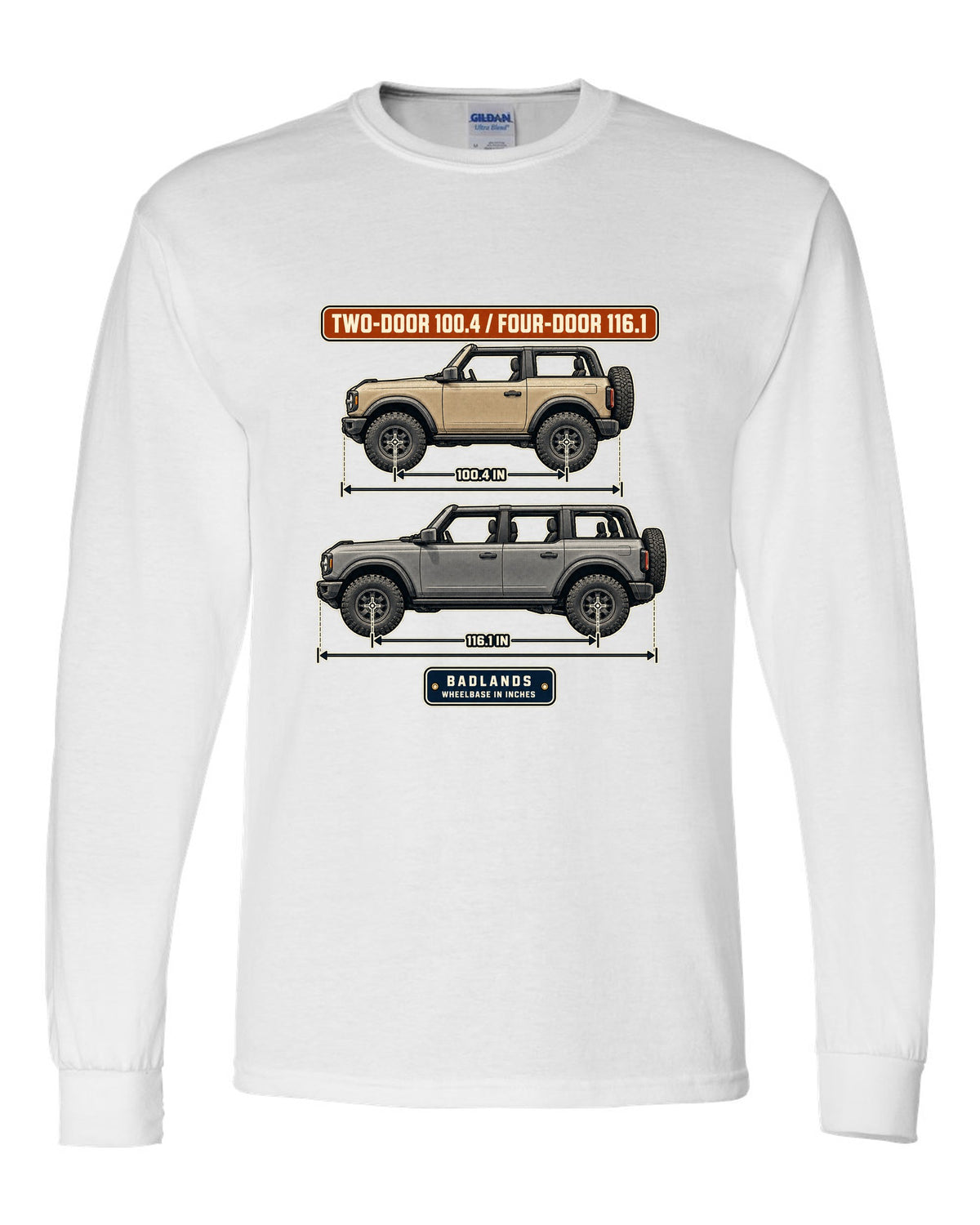 Ford Bronco Badlands two-door and four-door wheelbase blueprint print white long sleeve front view with the design