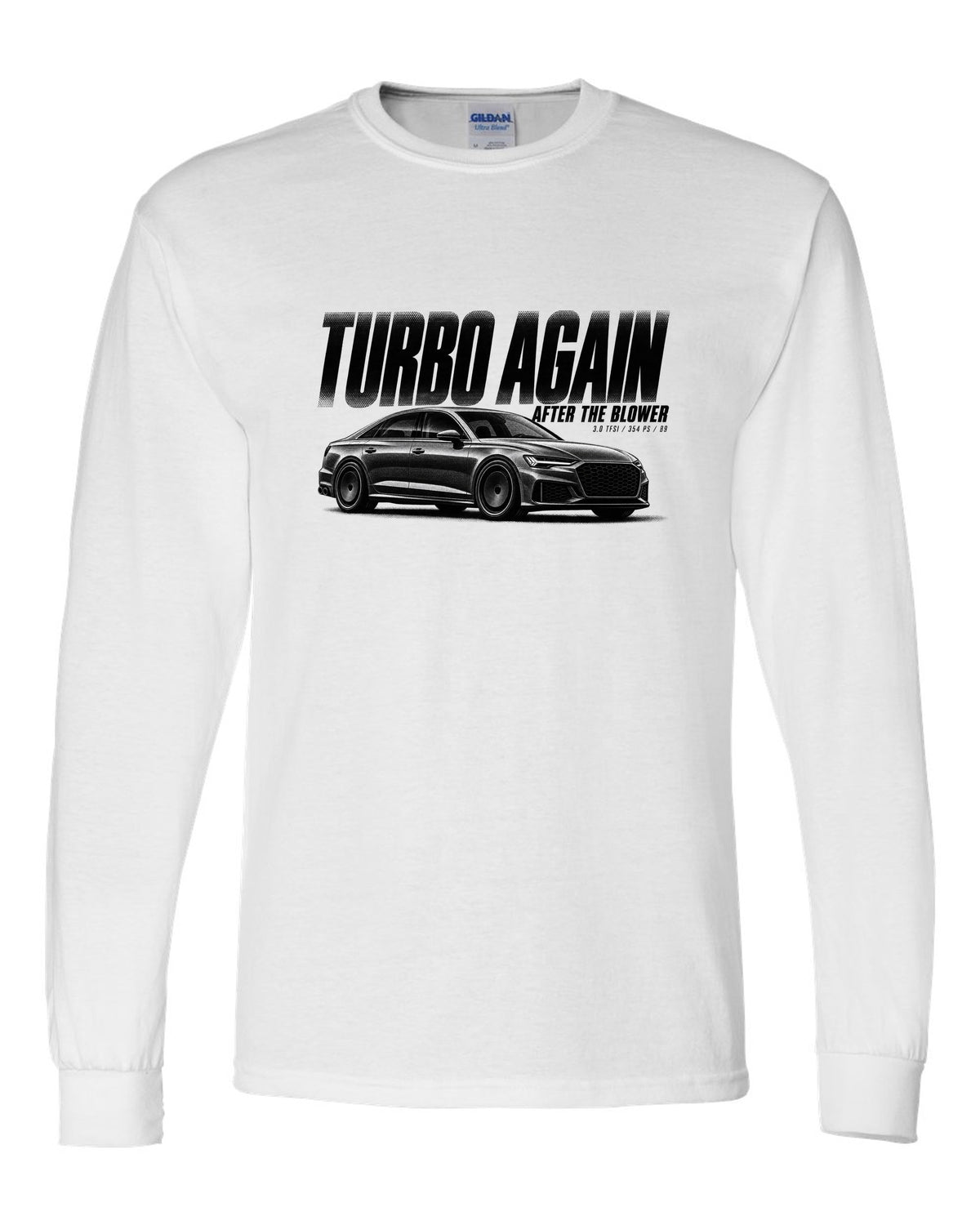 Audi S4 B9 Sedan Halftone Statement print white long sleeve front view with the design