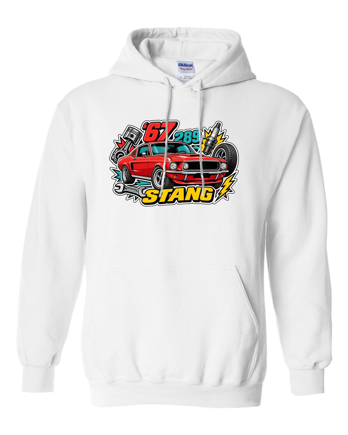 Sticker-bomb collage print of a 1967 Ford Mustang fastback white pull over hoodie front view with the design
