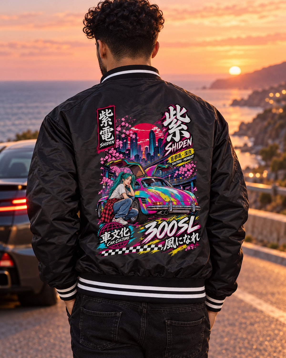 SHIDEN 300SL Anime Girl Full-Back Graphic Tee Bomber Jacket Black worn hero
