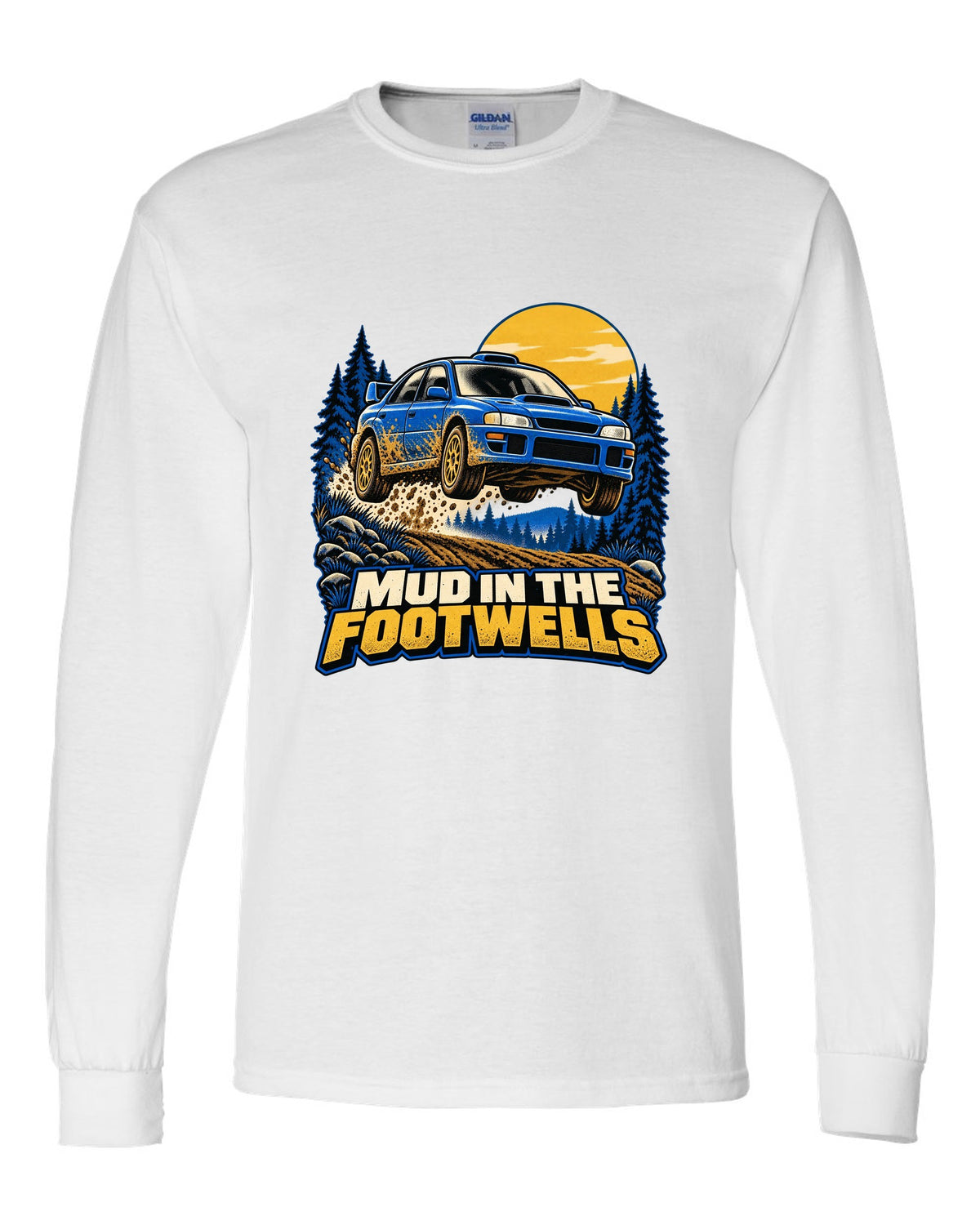 Comic halftone pop-art of a Subaru WRX STI GRB chback doing a burnout white long sleeve front view with the design