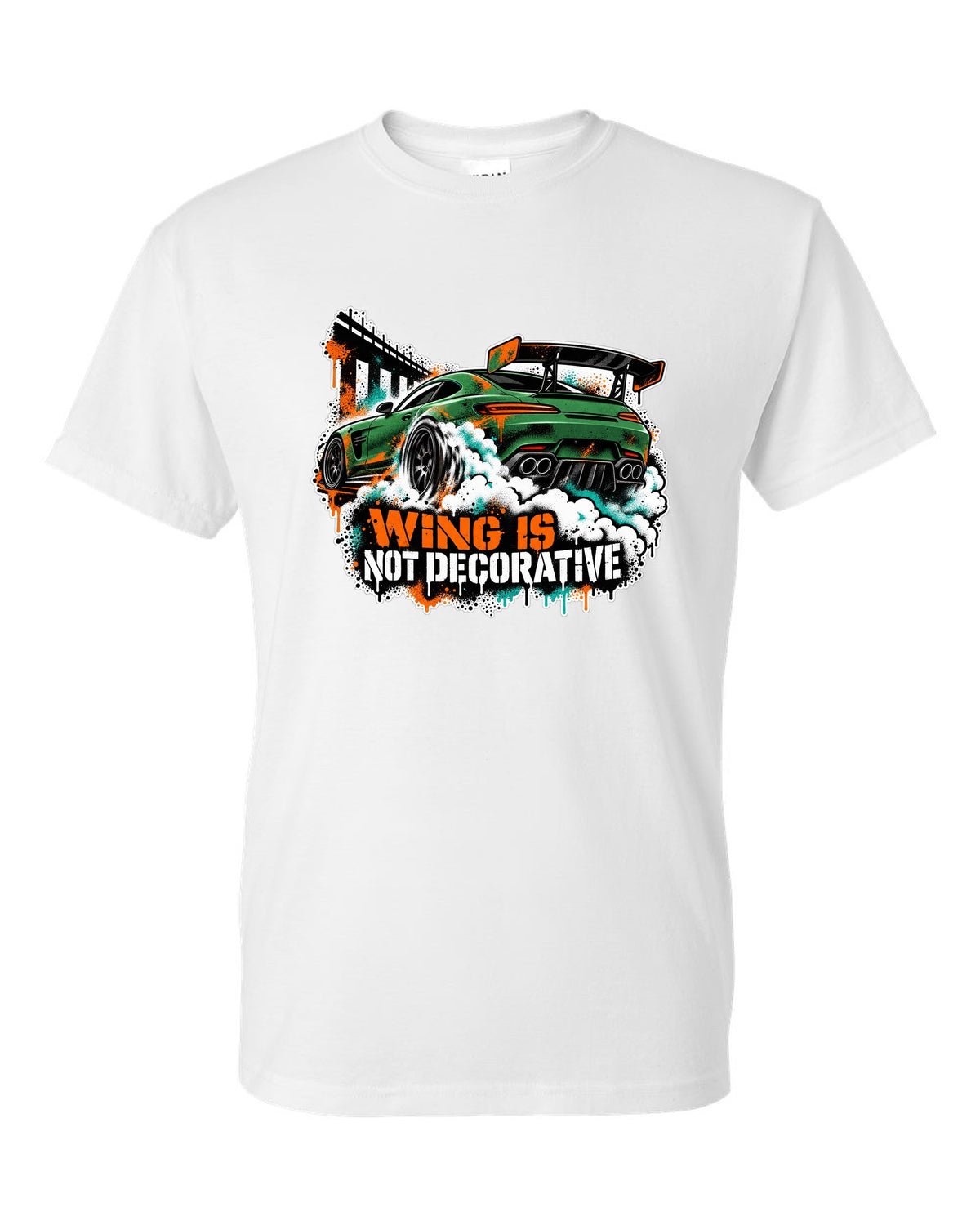 Risograph spot colour illustration of a Mercedes AMG GT R C190 in a garage with Track Day Monday Bill text white t-shirt front view with the design