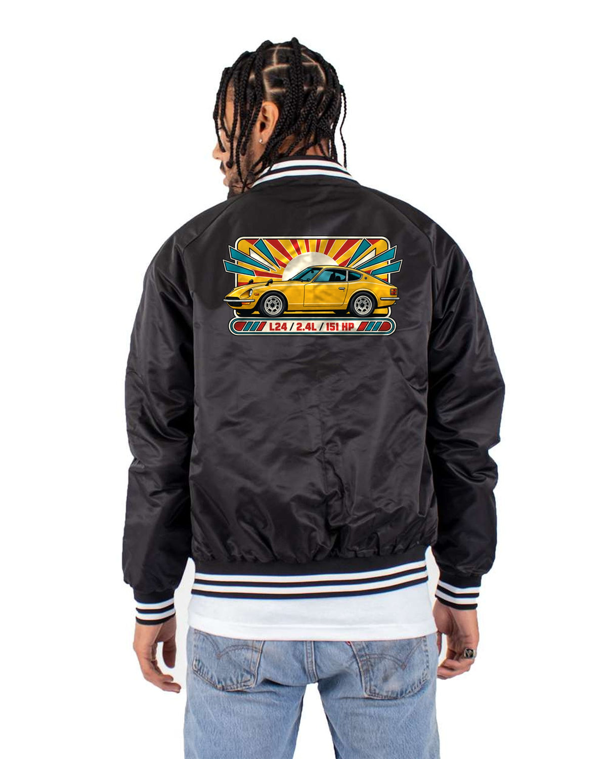 1970s Catalogue Ad Style Datsun 240Z S30 Tee, L24 Print Bomber Jacket Black back