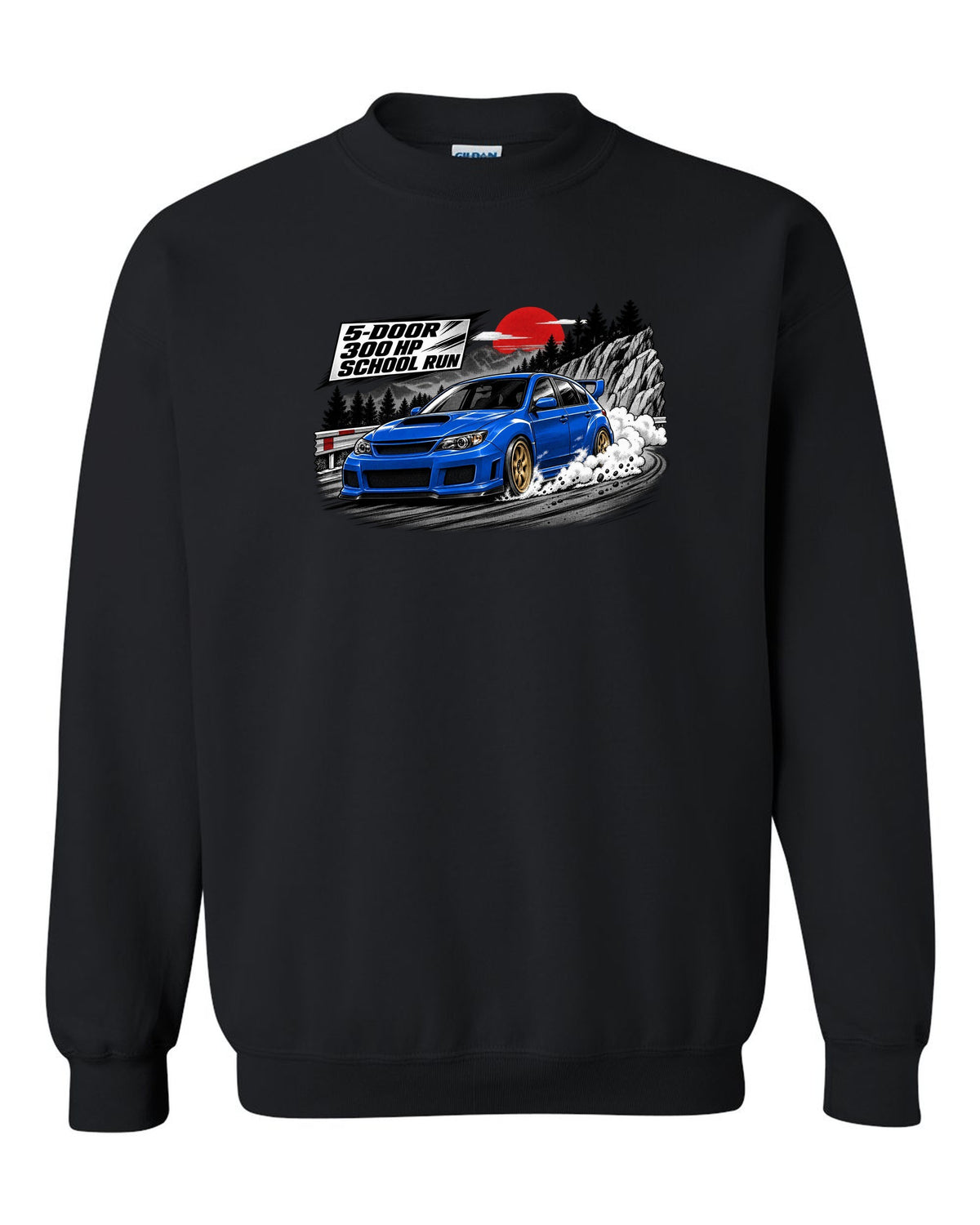 Subaru WRX STI GRB chback in a retro manga halftone panel, 5-DOOR / 300 HP / SCHOOL RUN black crewneck front view with the design