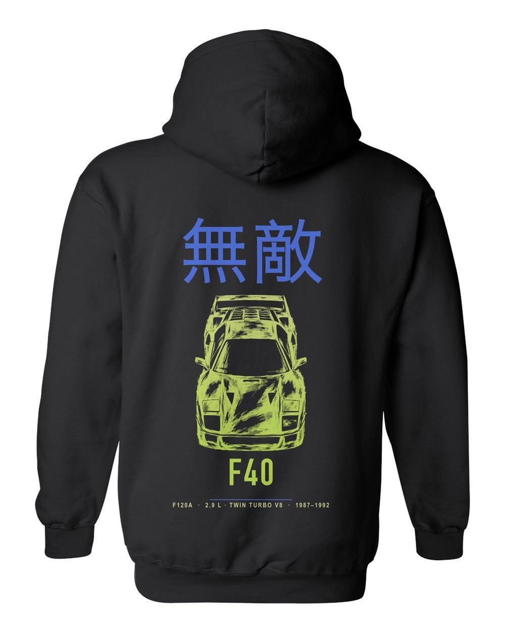F40 full-back artwork black pull over hoodie back view with the design