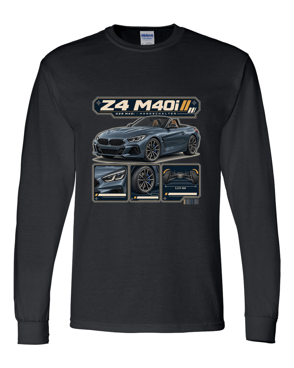 Dossier panel print of the BMW i7 M70 G70 noting rear wheel steering black long sleeve front view with the design