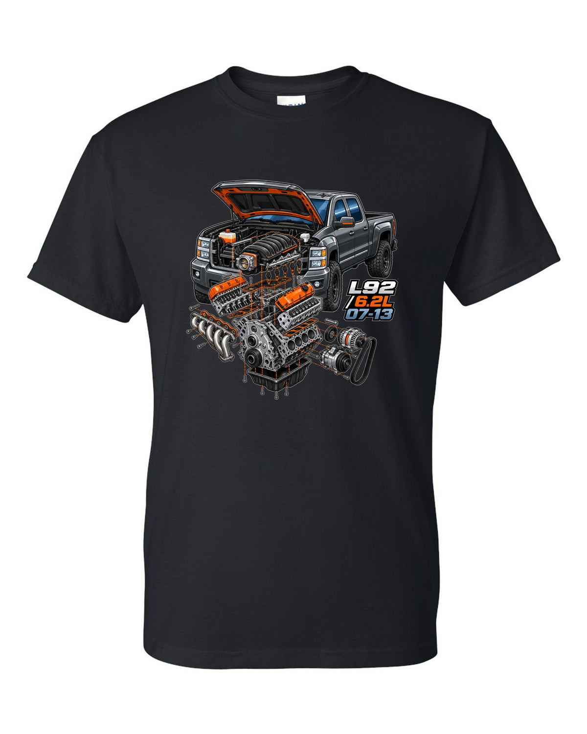 Isometric exploded engine cutaway print for a 2007-2013 Chevrolet Silverado GMT900 with L92 6.2L text black t-shirt front view with the design