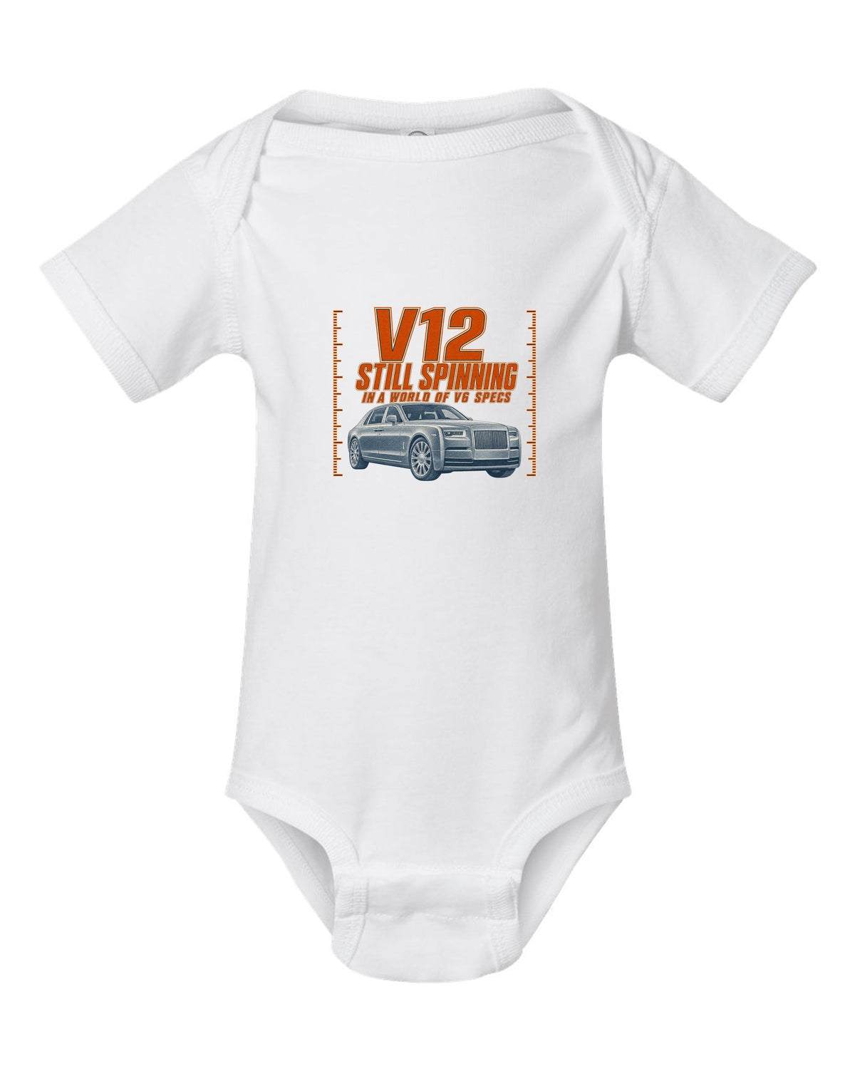 Halftone print of a silver Mercedes-Maybach S680 Z223 front three-quarter white baby onesie front view with the design